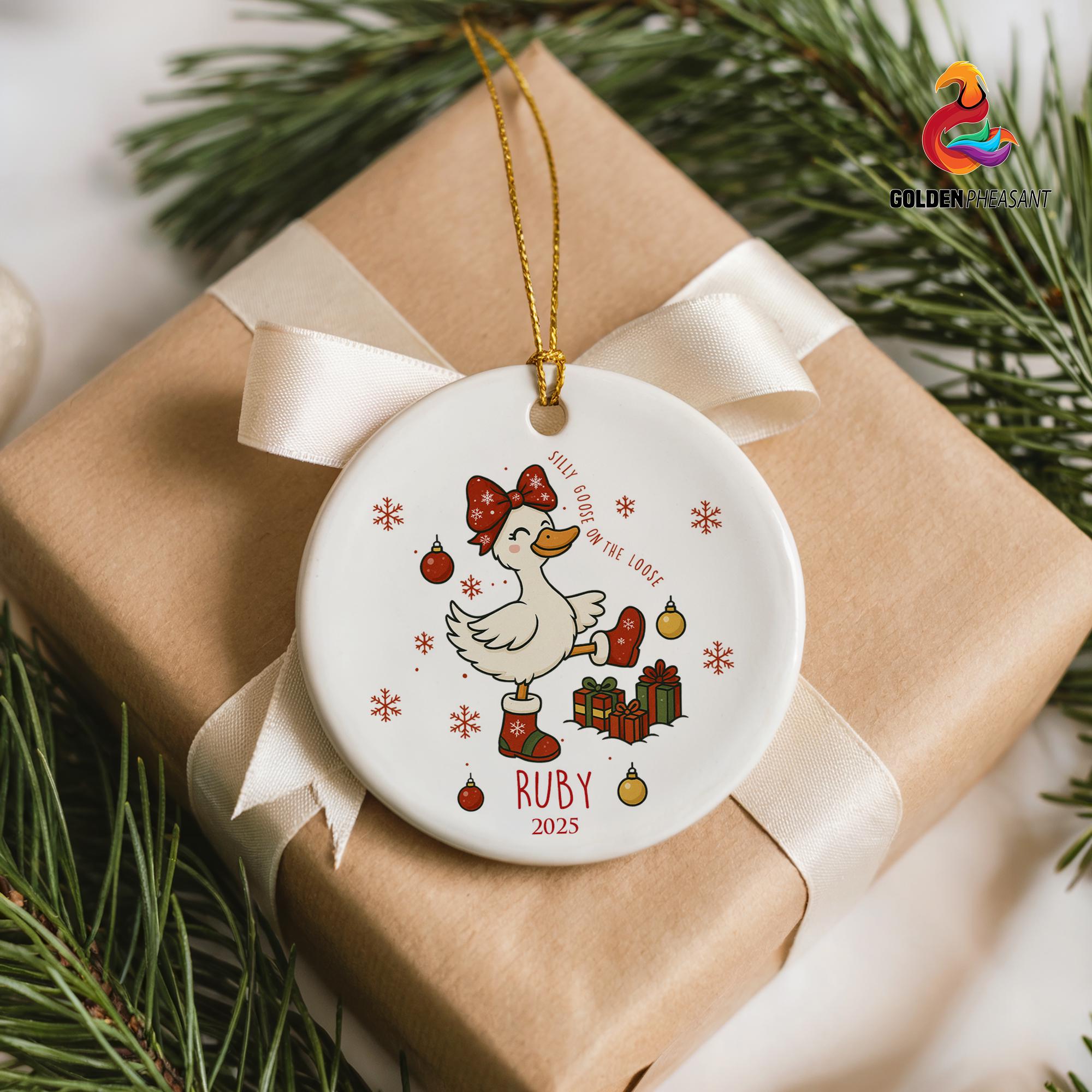 Personalized Name Funny Goose on the Loose Christmas Ceramic Ornament, Xmas Gift, Decoration Christmas Spirit Keepsake Gift, Goose Xmas Tree
