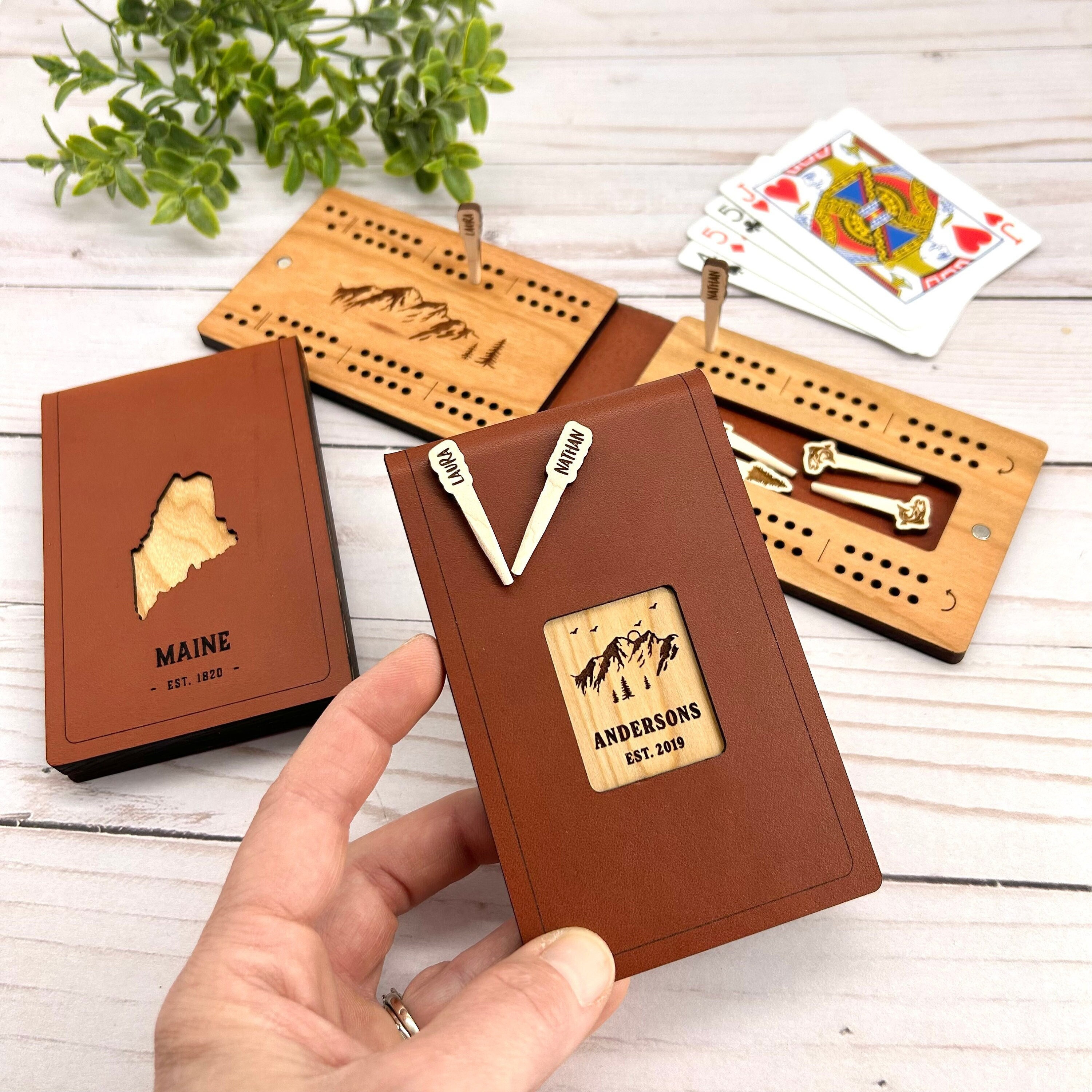 Custom Travel Cribbage Board & Personalized Pegs, 2 Player, Any Design Cribbage Game, Pocket Folding Leather and Wood