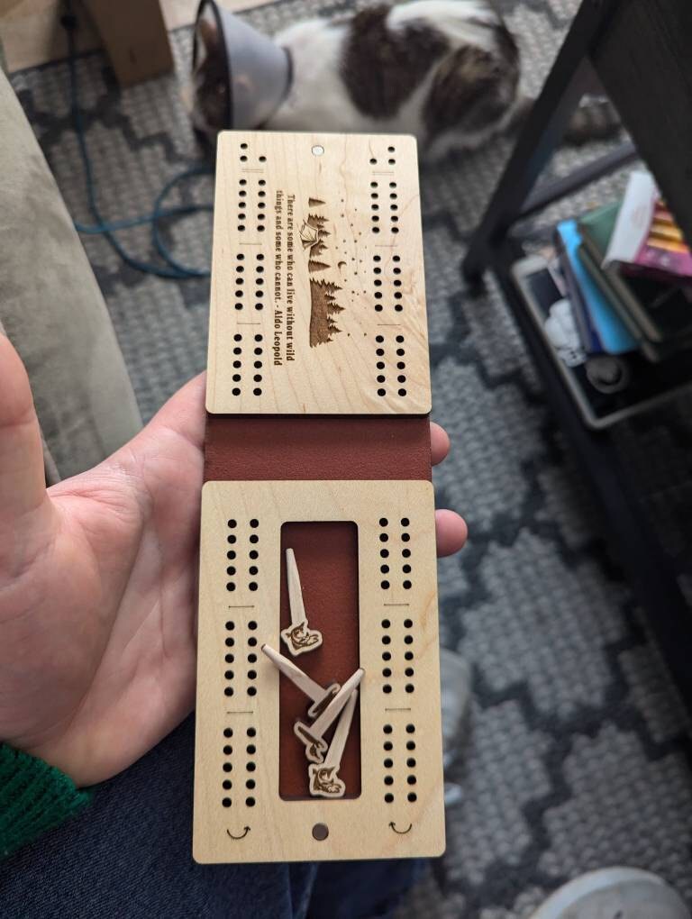 Custom Travel Cribbage Board & Personalized Pegs, 2 Player, Any Design Cribbage Game, Pocket Folding Leather and Wood