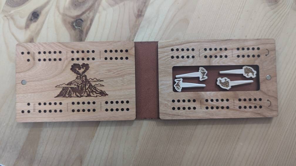 Custom Travel Cribbage Board & Personalized Pegs, 2 Player, Any Design Cribbage Game, Pocket Folding Leather and Wood