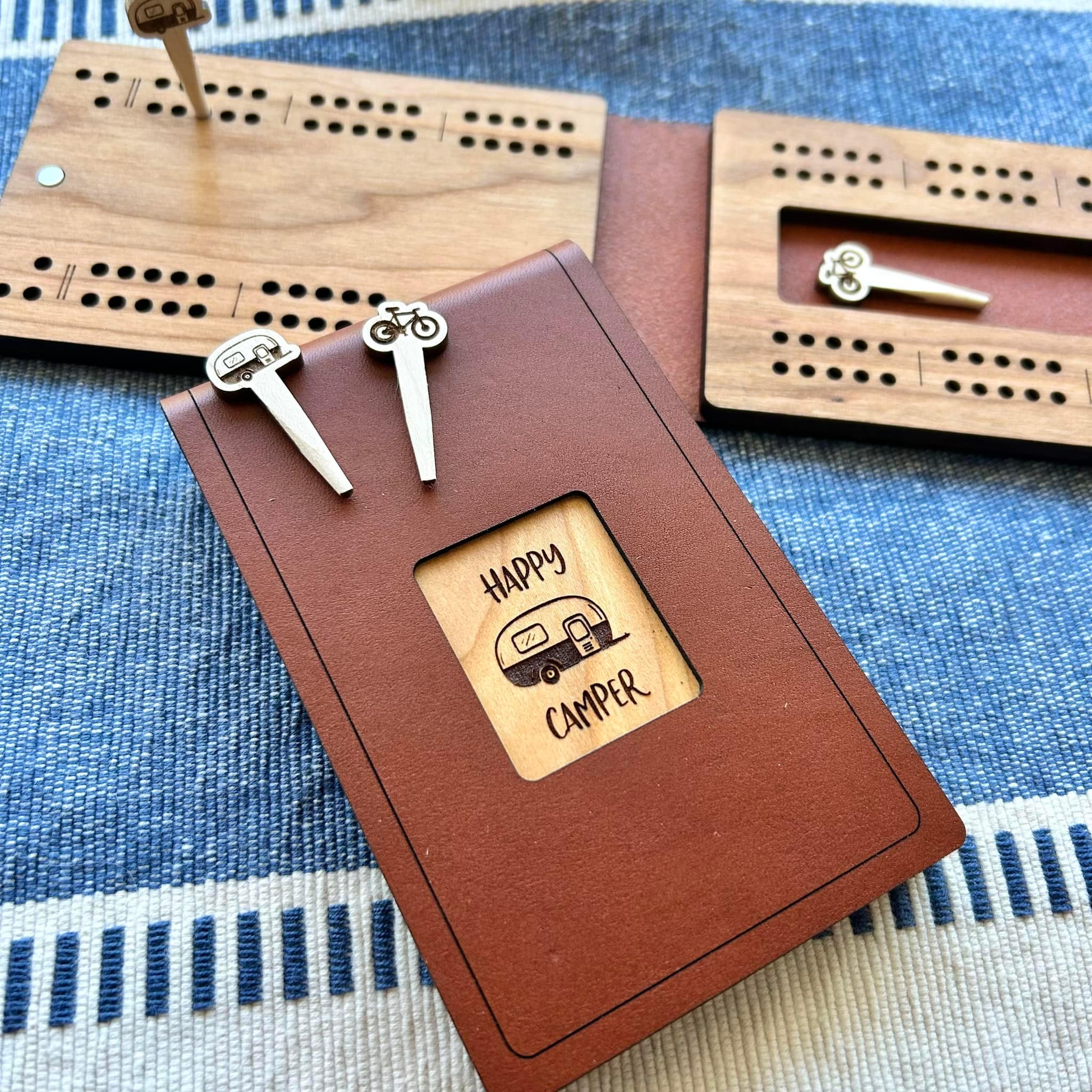 Custom Travel Cribbage Board & Personalized Pegs, 2 Player, Any Design Cribbage Game, Pocket Folding Leather and Wood