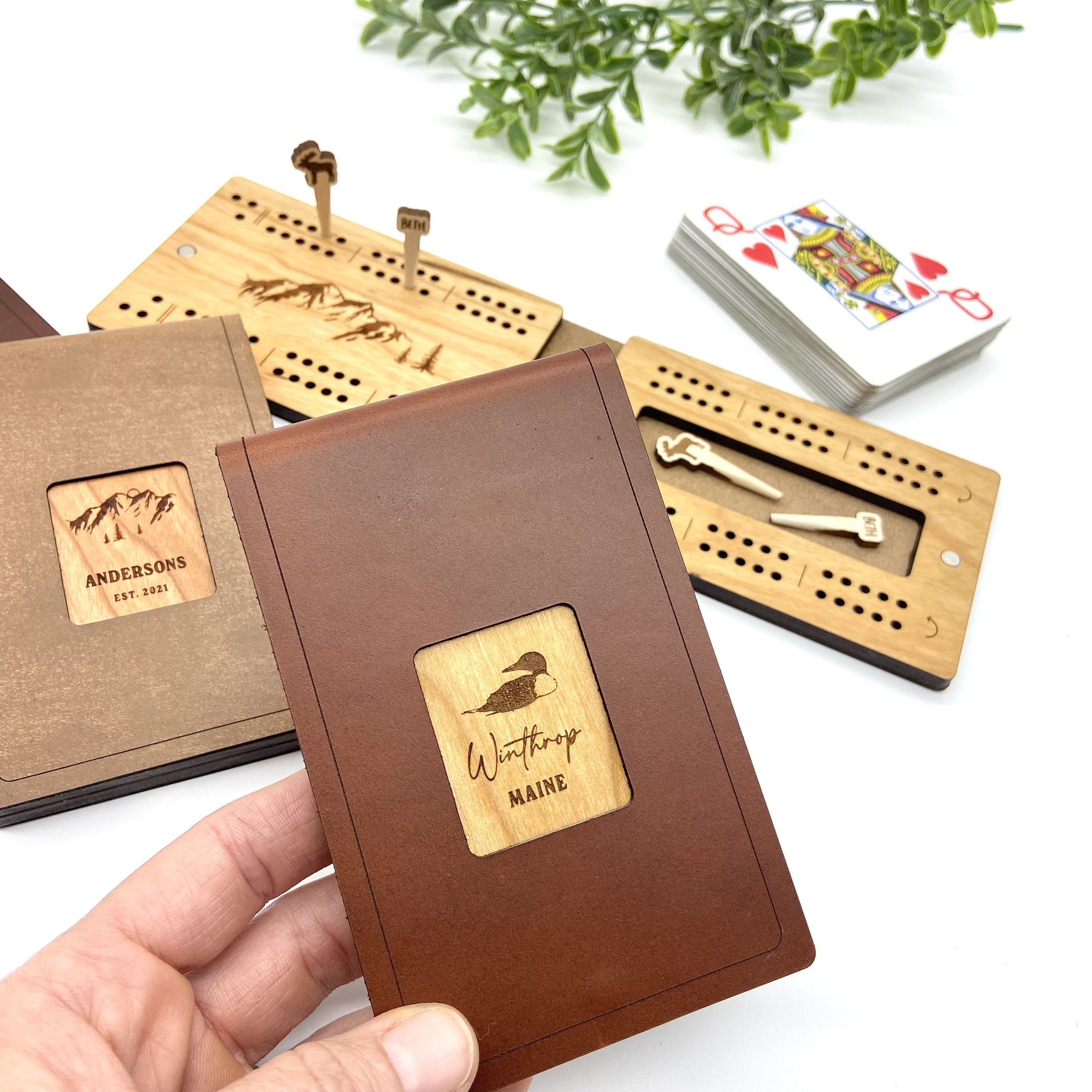 Custom Travel Cribbage Board & Personalized Pegs, 2 Player, Any Design Cribbage Game, Pocket Folding Leather and Wood
