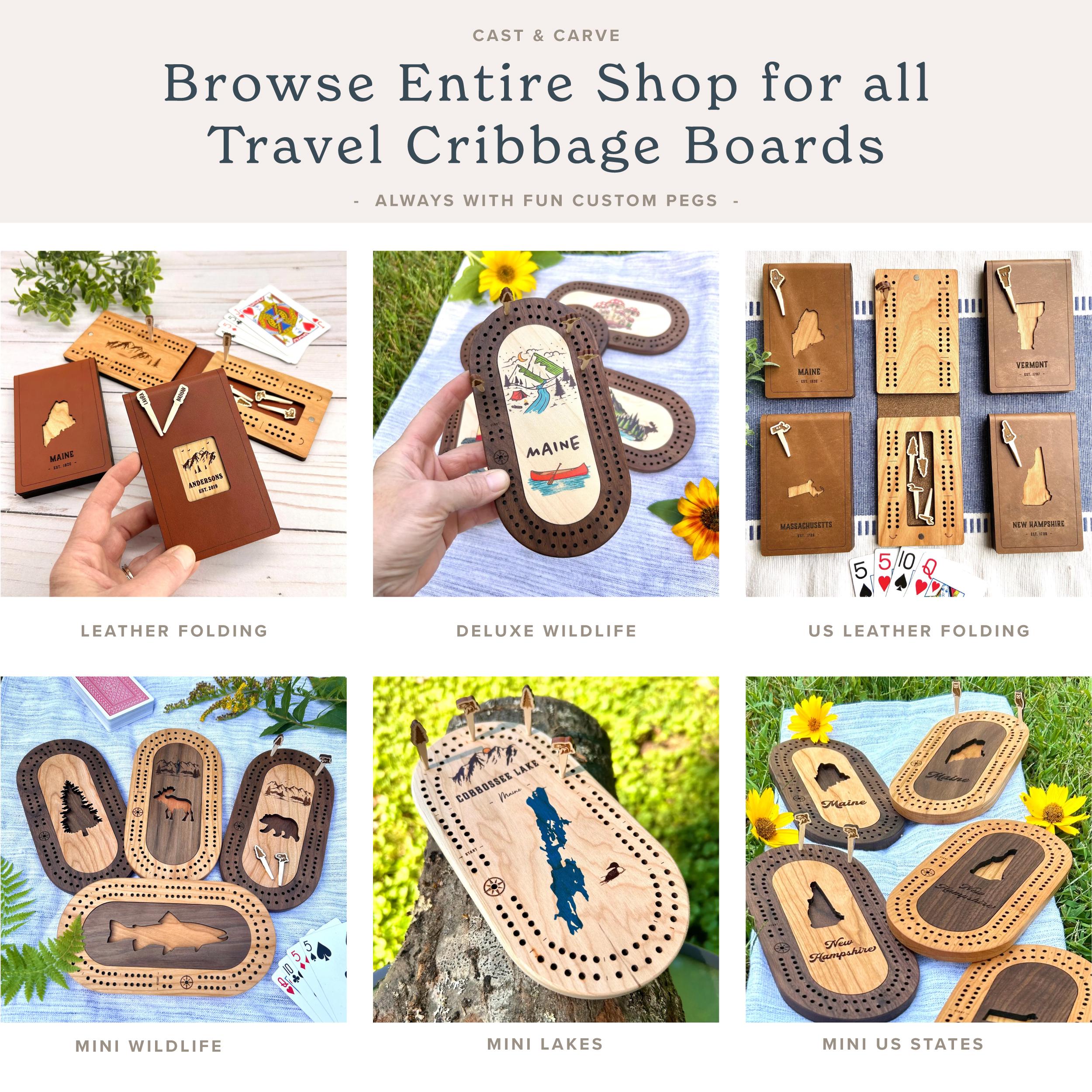 Custom Travel Cribbage Board & Personalized Pegs, 2 Player, Any Design Cribbage Game, Pocket Folding Leather and Wood