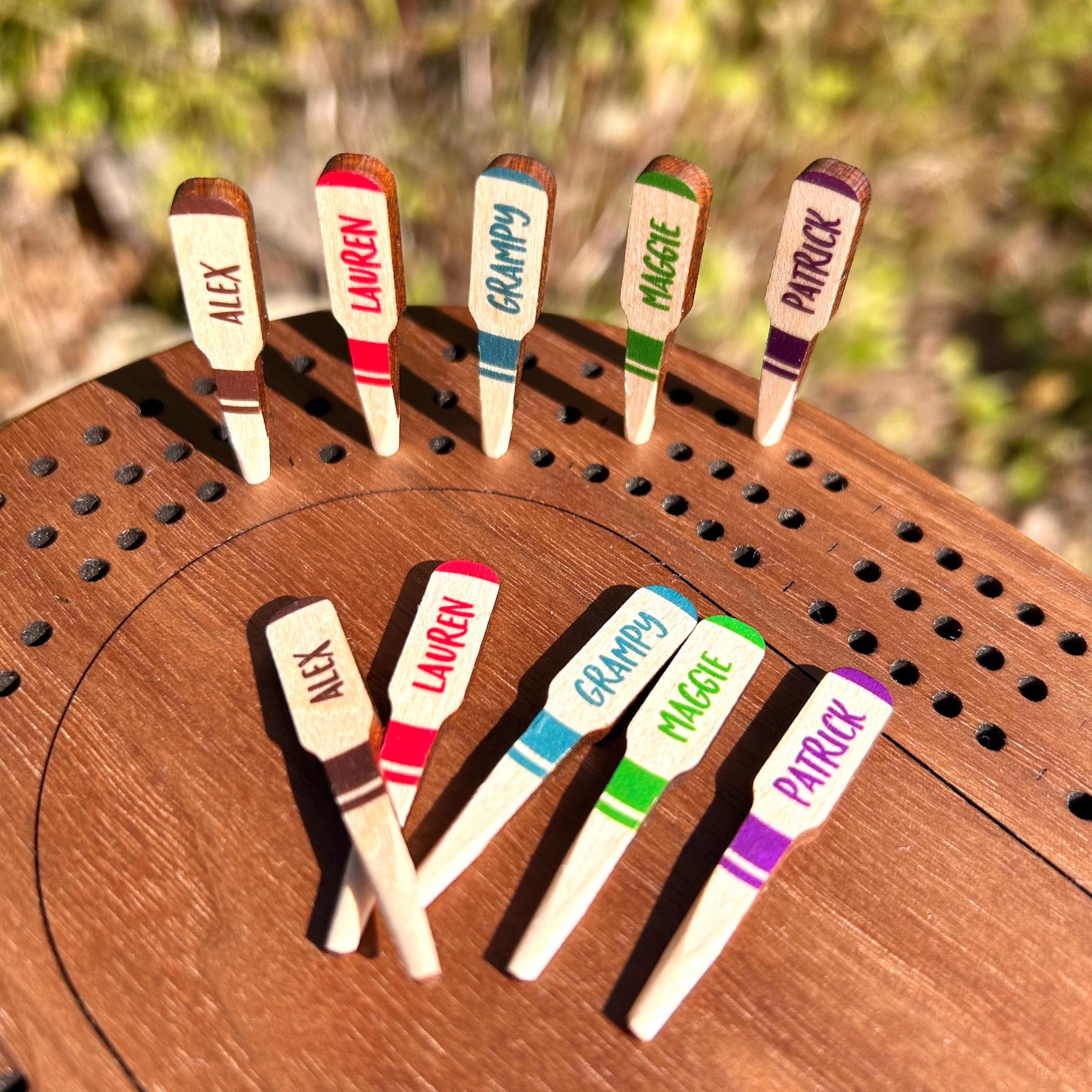 Colorful Text - Personalized Wooden Cribbage Pegs - Names on Both Sides of Pegs