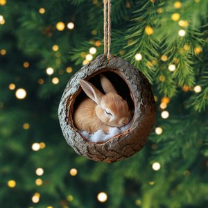 Bunny 2D Flat Ornament, Rabbit Sleeping Rearview Mirror Car Accessories, Baby Bunny Christmas Ornament, Xmas Gift for Animal Lover