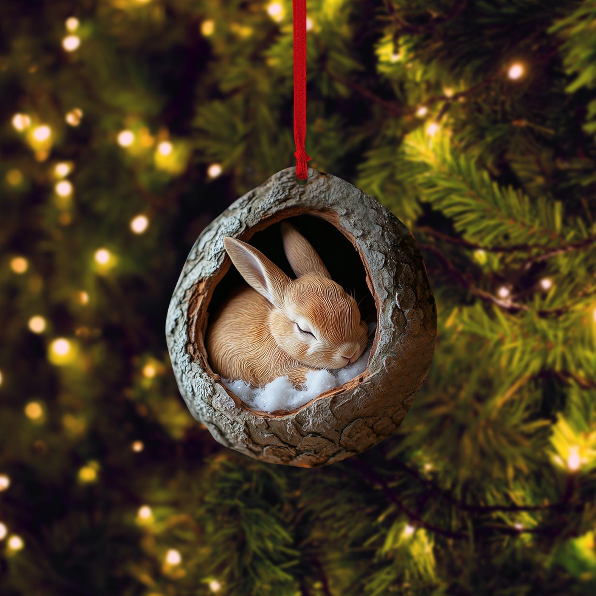 Bunny 2D Flat Ornament, Rabbit Sleeping Rearview Mirror Car Accessories, Baby Bunny Christmas Ornament, Xmas Gift for Animal Lover