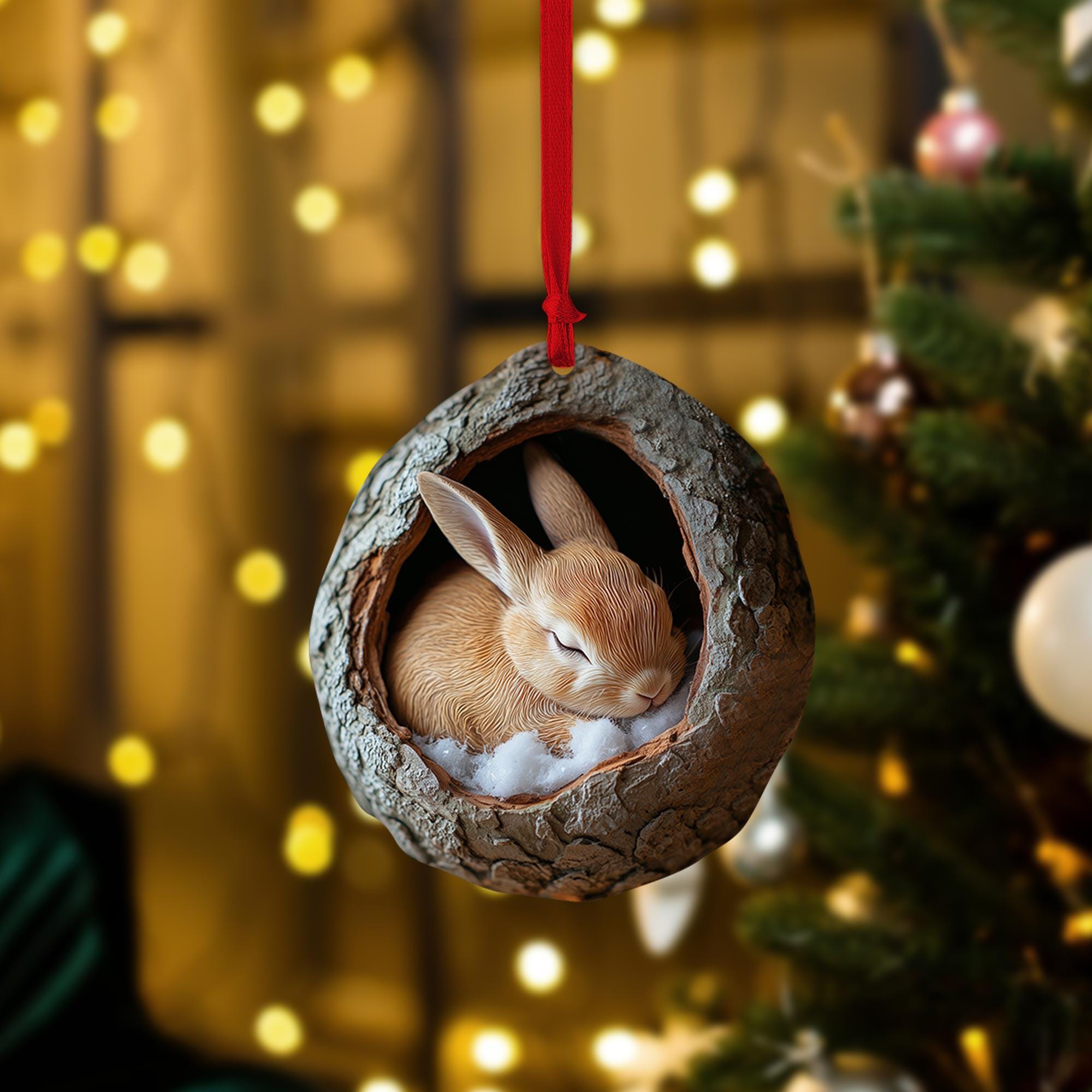 Bunny 2D Flat Ornament, Rabbit Sleeping Rearview Mirror Car Accessories, Baby Bunny Christmas Ornament, Xmas Gift for Animal Lover