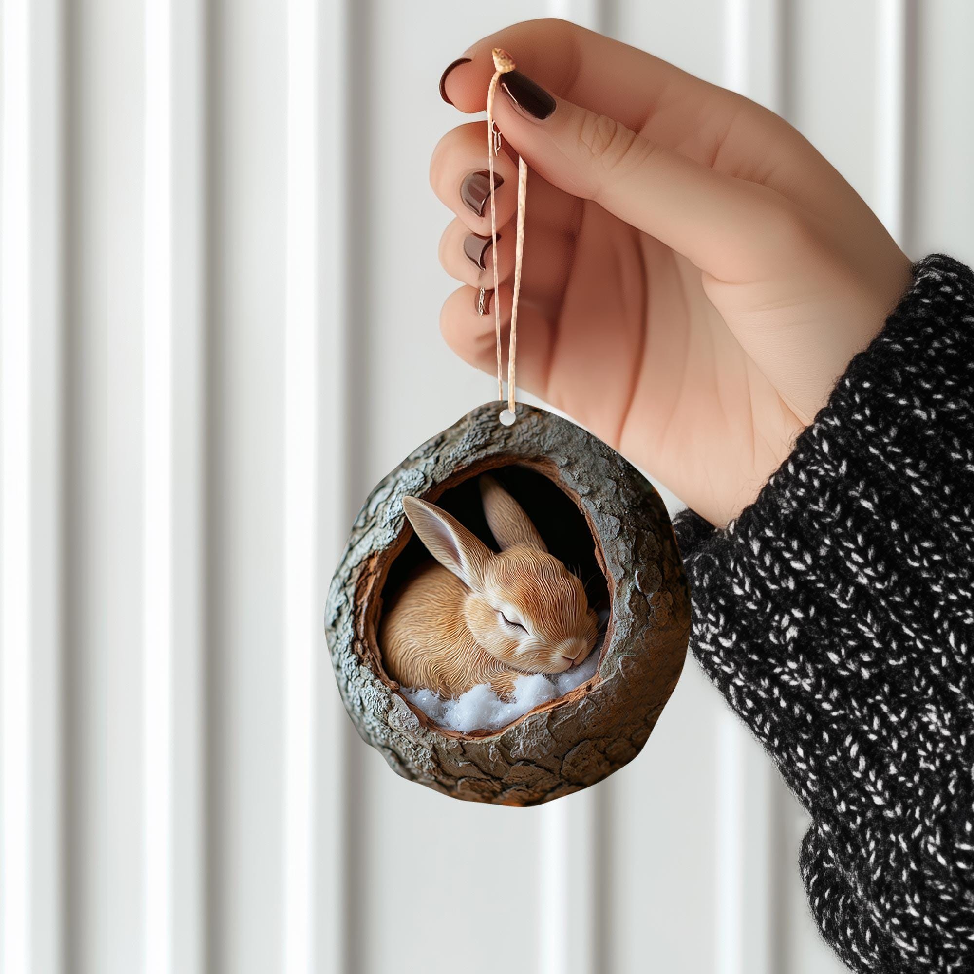 Bunny 2D Flat Ornament, Rabbit Sleeping Rearview Mirror Car Accessories, Baby Bunny Christmas Ornament, Xmas Gift for Animal Lover