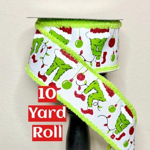 10 yard Roll - 2.5 Inch Furry Chenille Edge Wired Christmas Holiday Ribbon: Green Monster Santa Legs, Ornaments & Lights