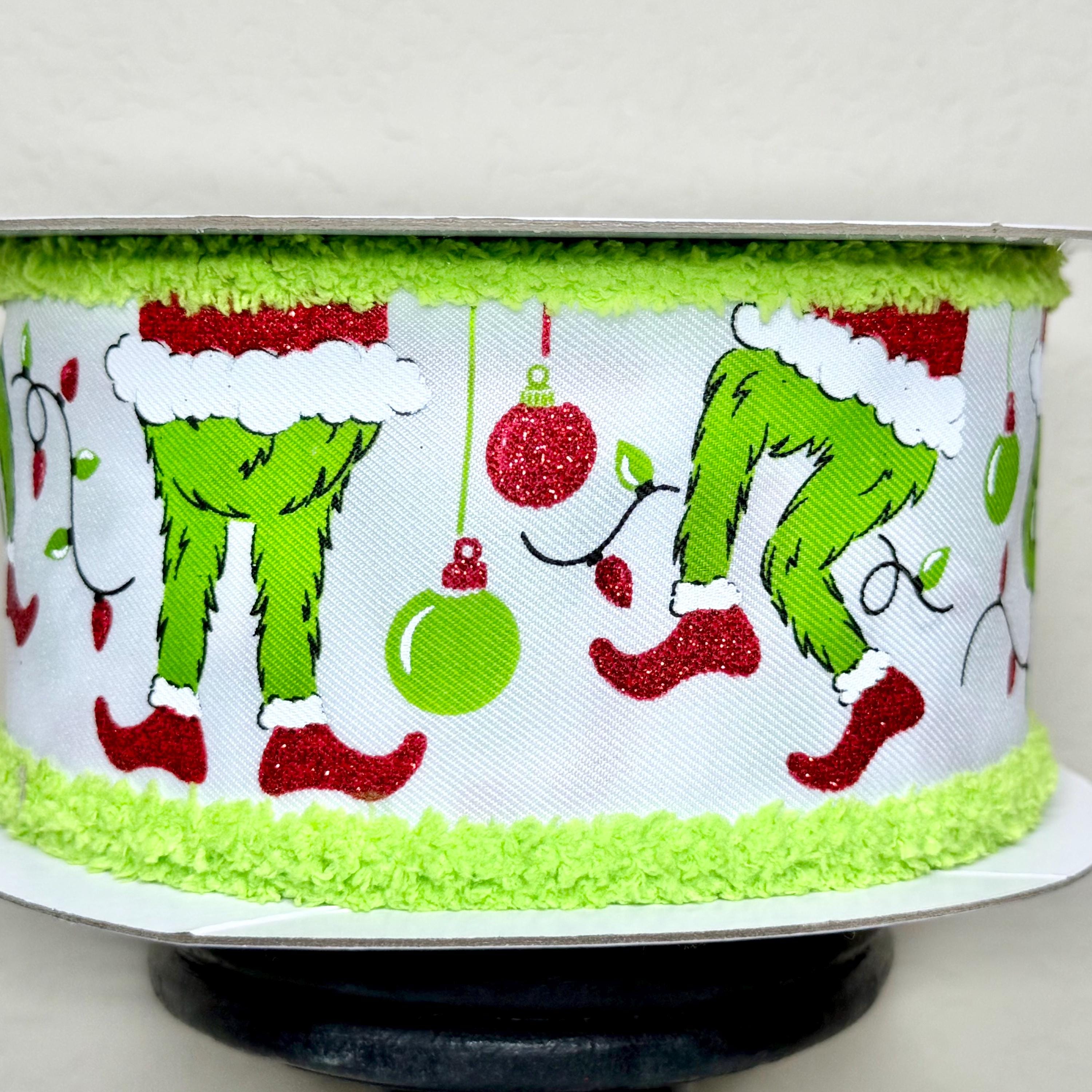 10 yard Roll - 2.5 Inch Furry Chenille Edge Wired Christmas Holiday Ribbon: Green Monster Santa Legs, Ornaments & Lights