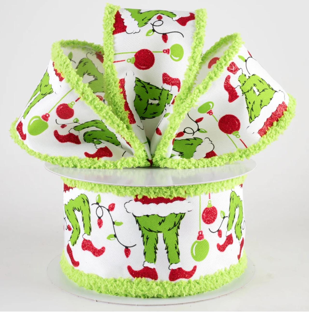10 yard Roll - 2.5 Inch Furry Chenille Edge Wired Christmas Holiday Ribbon: Green Monster Santa Legs, Ornaments & Lights