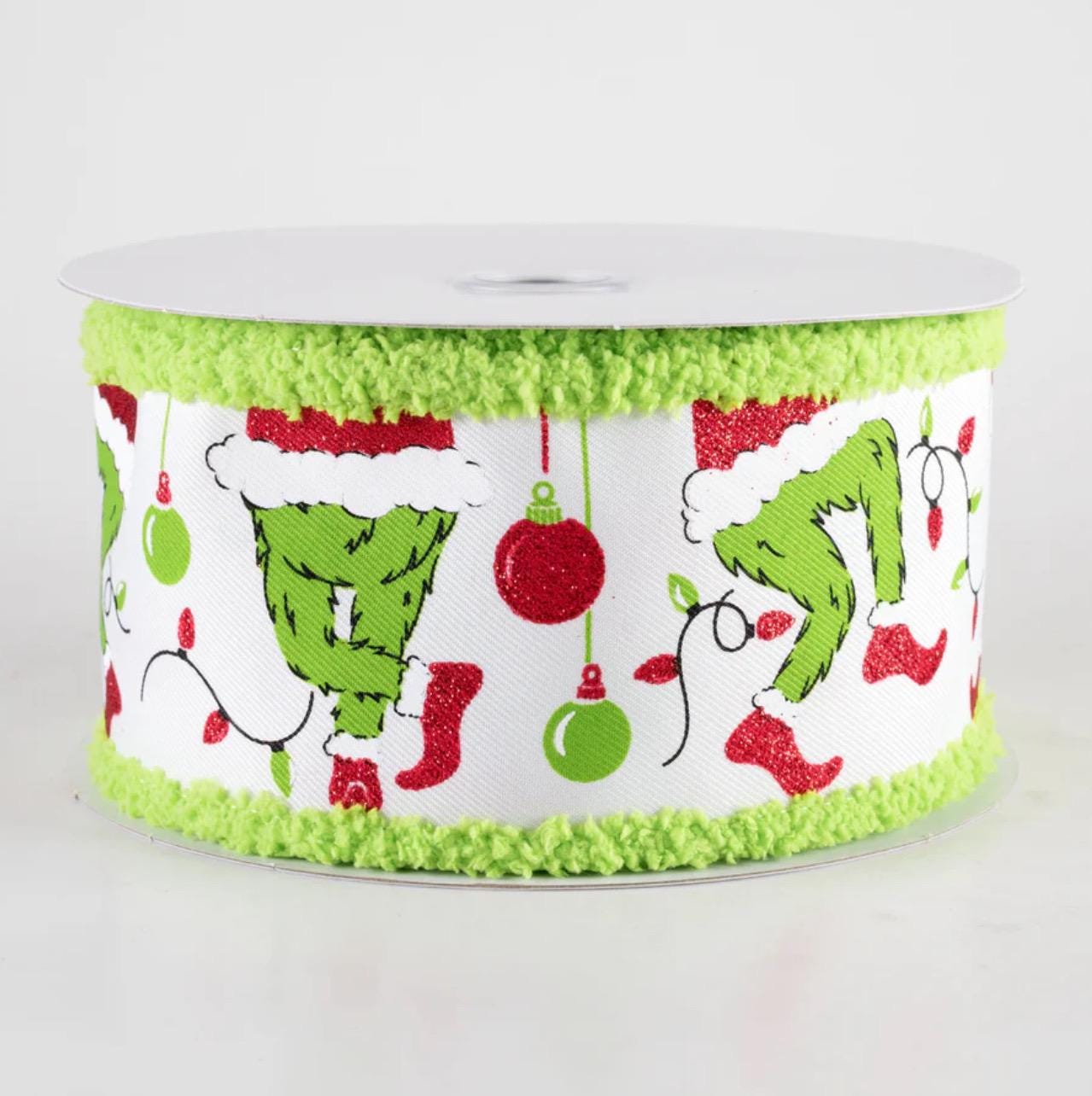 10 yard Roll - 2.5 Inch Furry Chenille Edge Wired Christmas Holiday Ribbon: Green Monster Santa Legs, Ornaments & Lights