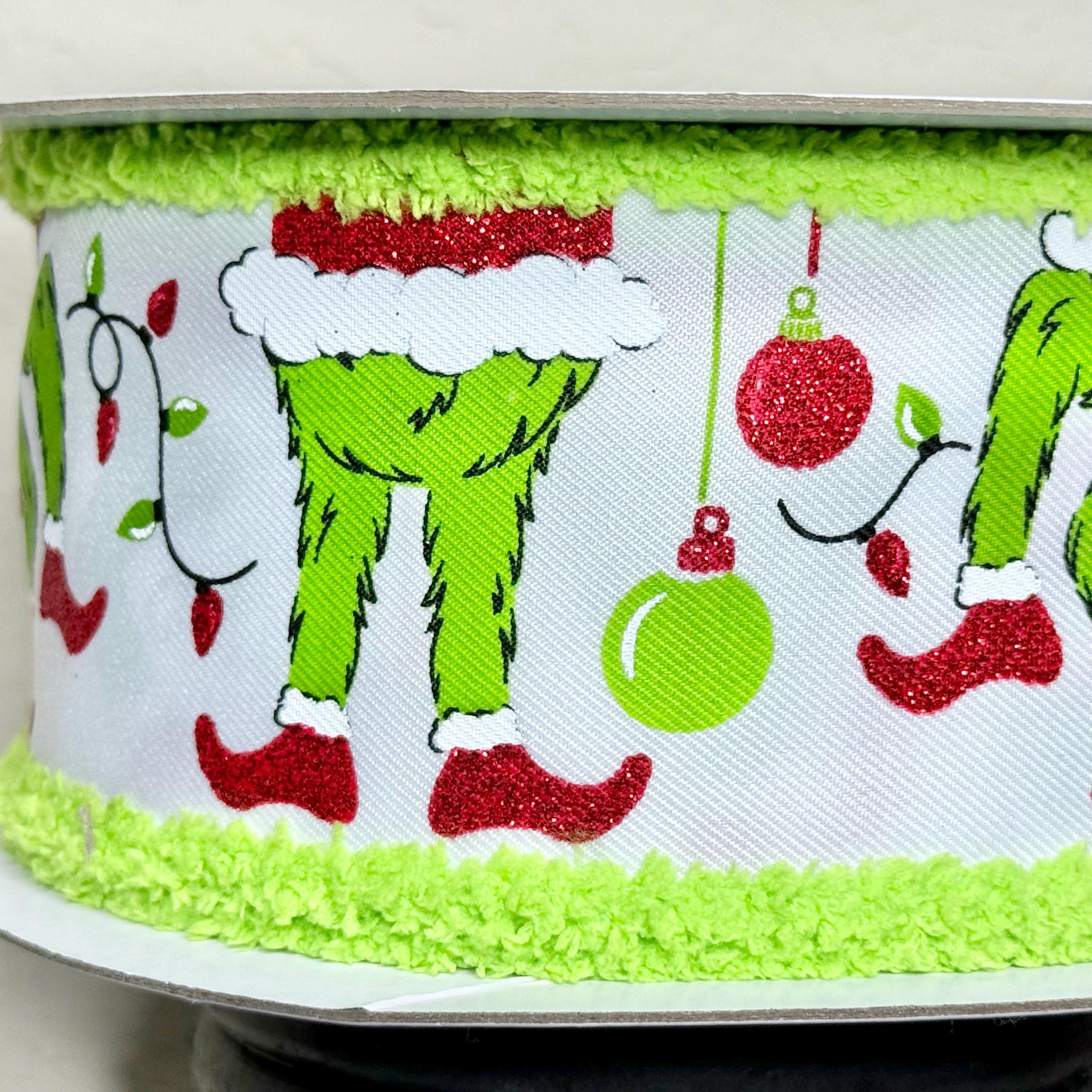 10 yard Roll - 2.5 Inch Furry Chenille Edge Wired Christmas Holiday Ribbon: Green Monster Santa Legs, Ornaments & Lights