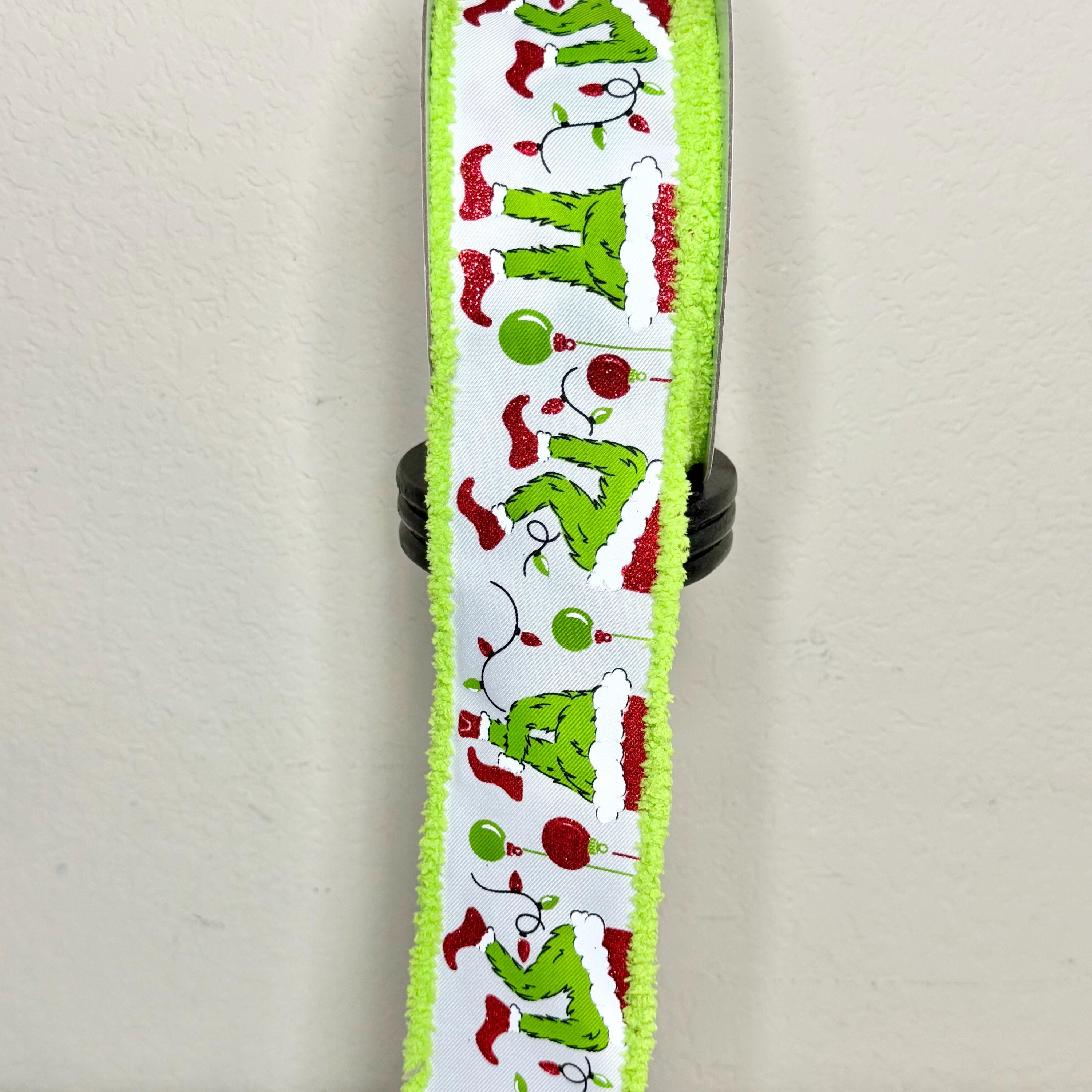 10 yard Roll - 2.5 Inch Furry Chenille Edge Wired Christmas Holiday Ribbon: Green Monster Santa Legs, Ornaments & Lights