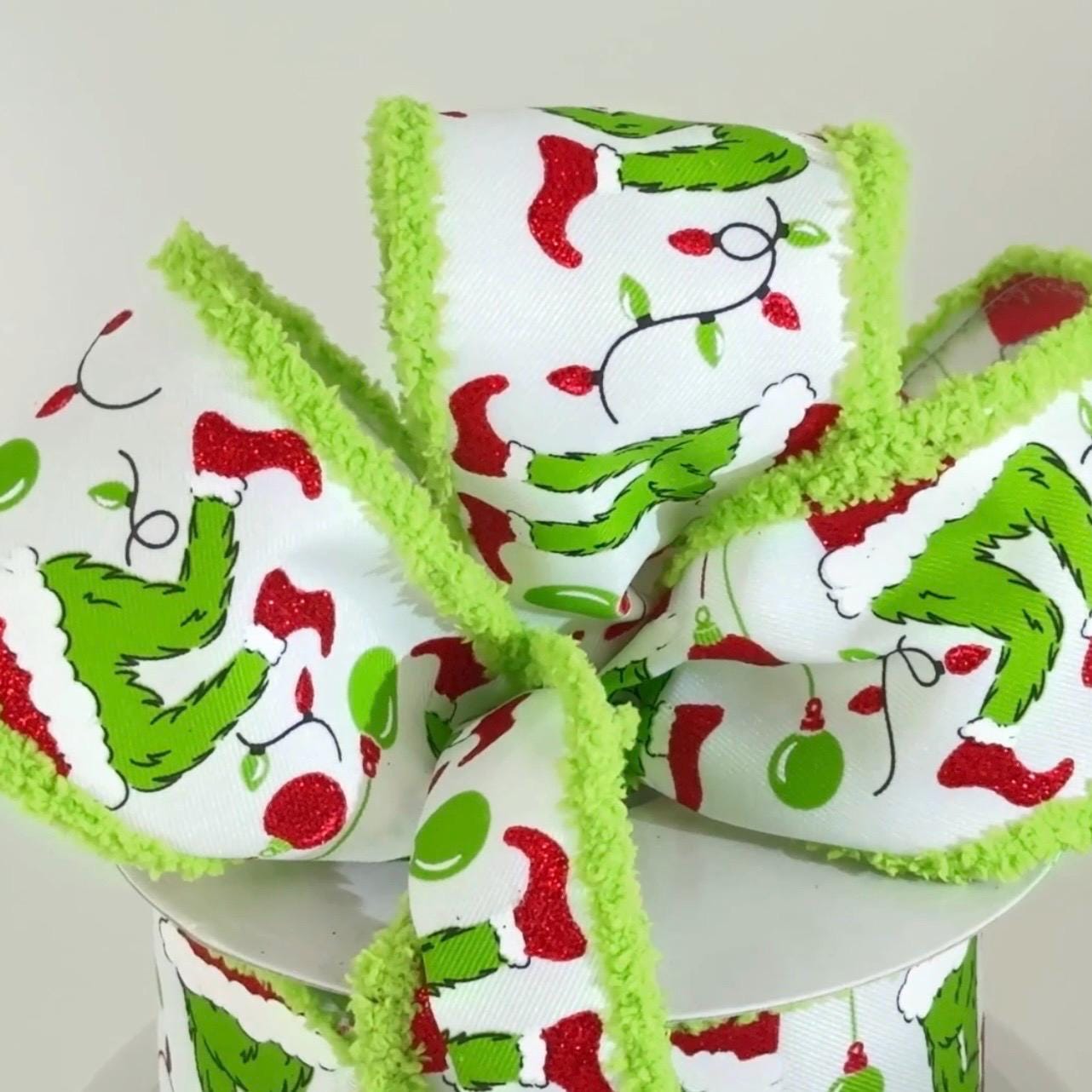 10 yard Roll - 2.5 Inch Furry Chenille Edge Wired Christmas Holiday Ribbon: Green Monster Santa Legs, Ornaments & Lights