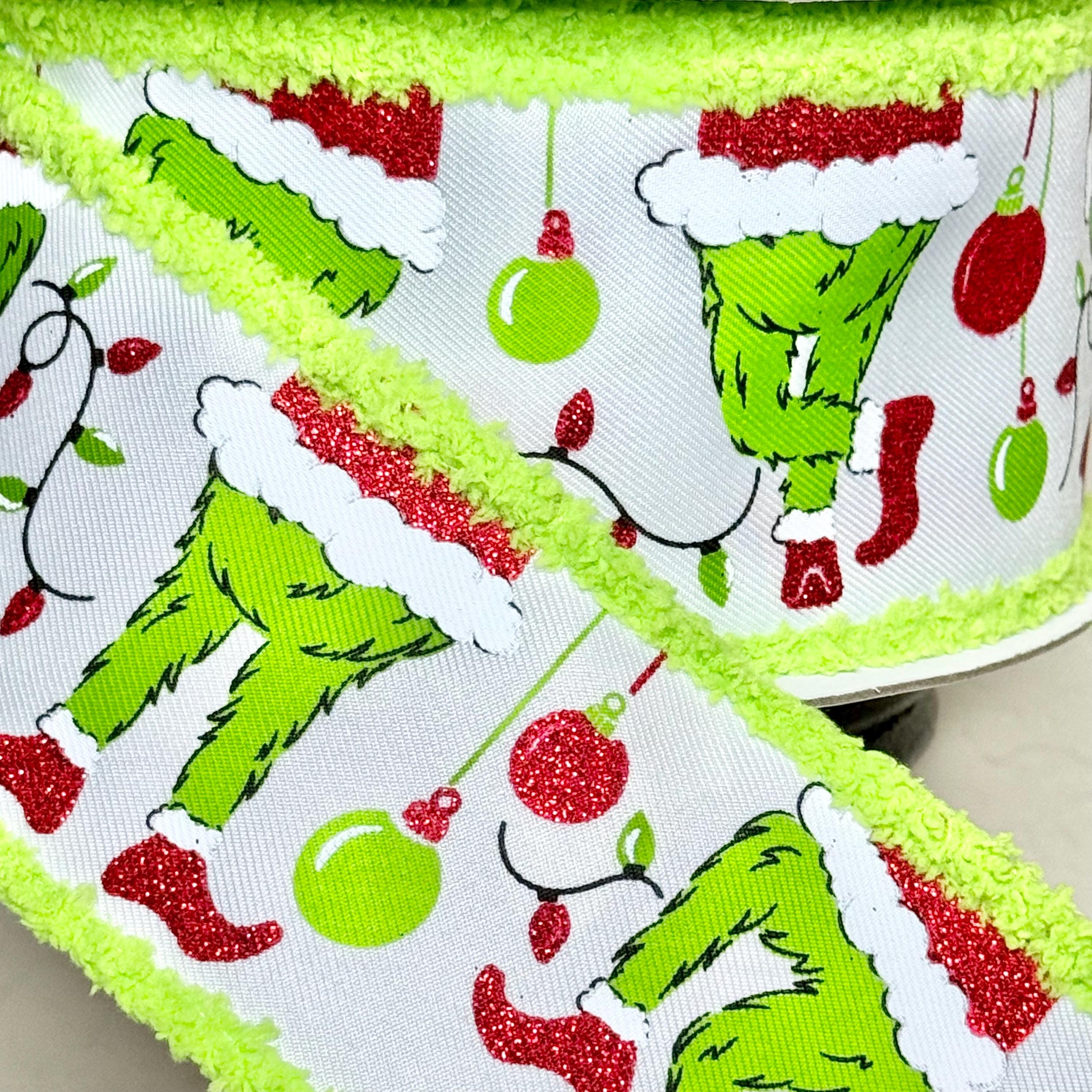 10 yard Roll - 2.5 Inch Furry Chenille Edge Wired Christmas Holiday Ribbon: Green Monster Santa Legs, Ornaments & Lights