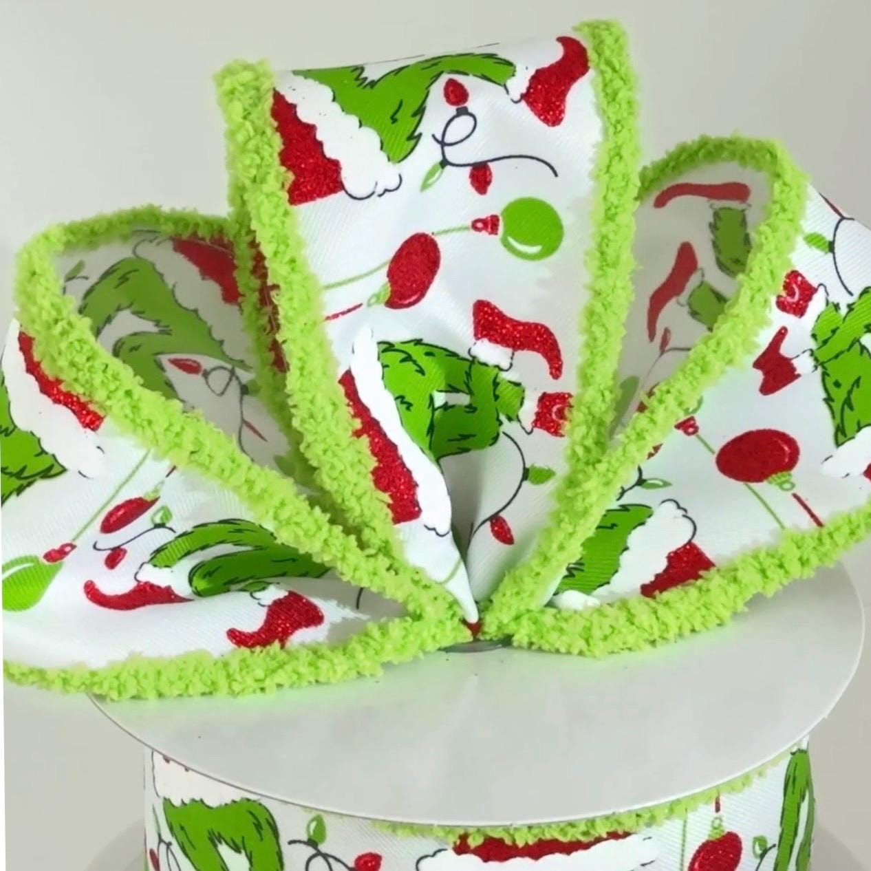 10 yard Roll - 2.5 Inch Furry Chenille Edge Wired Christmas Holiday Ribbon: Green Monster Santa Legs, Ornaments & Lights