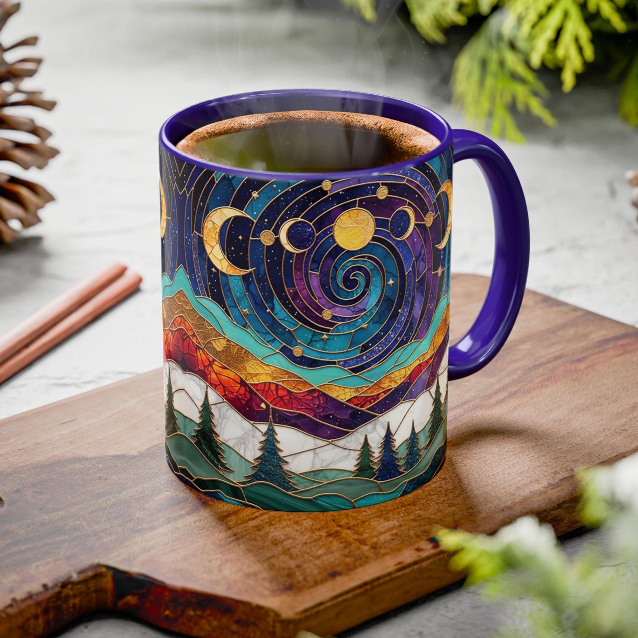 Stained Glass Triple Moon Witch Accent Mug, Pagan Wiccan Gift, Waxing Crescent Full Moon Waning Crescent Moon Phases Witch Coffee Mug
