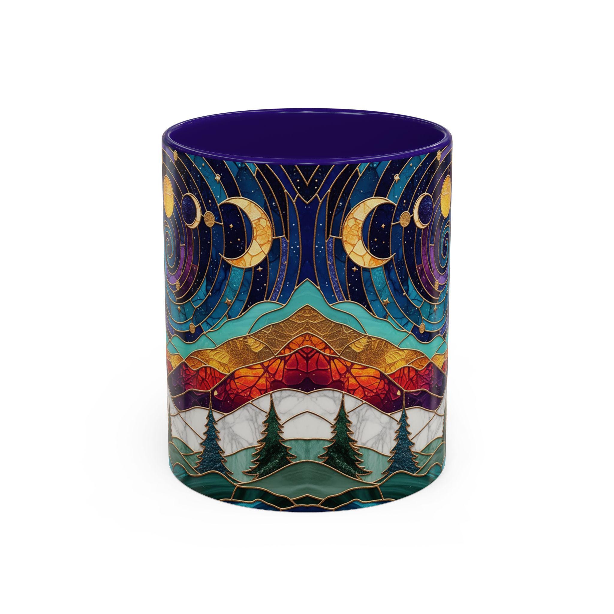 Stained Glass Triple Moon Witch Accent Mug, Pagan Wiccan Gift, Waxing Crescent Full Moon Waning Crescent Moon Phases Witch Coffee Mug