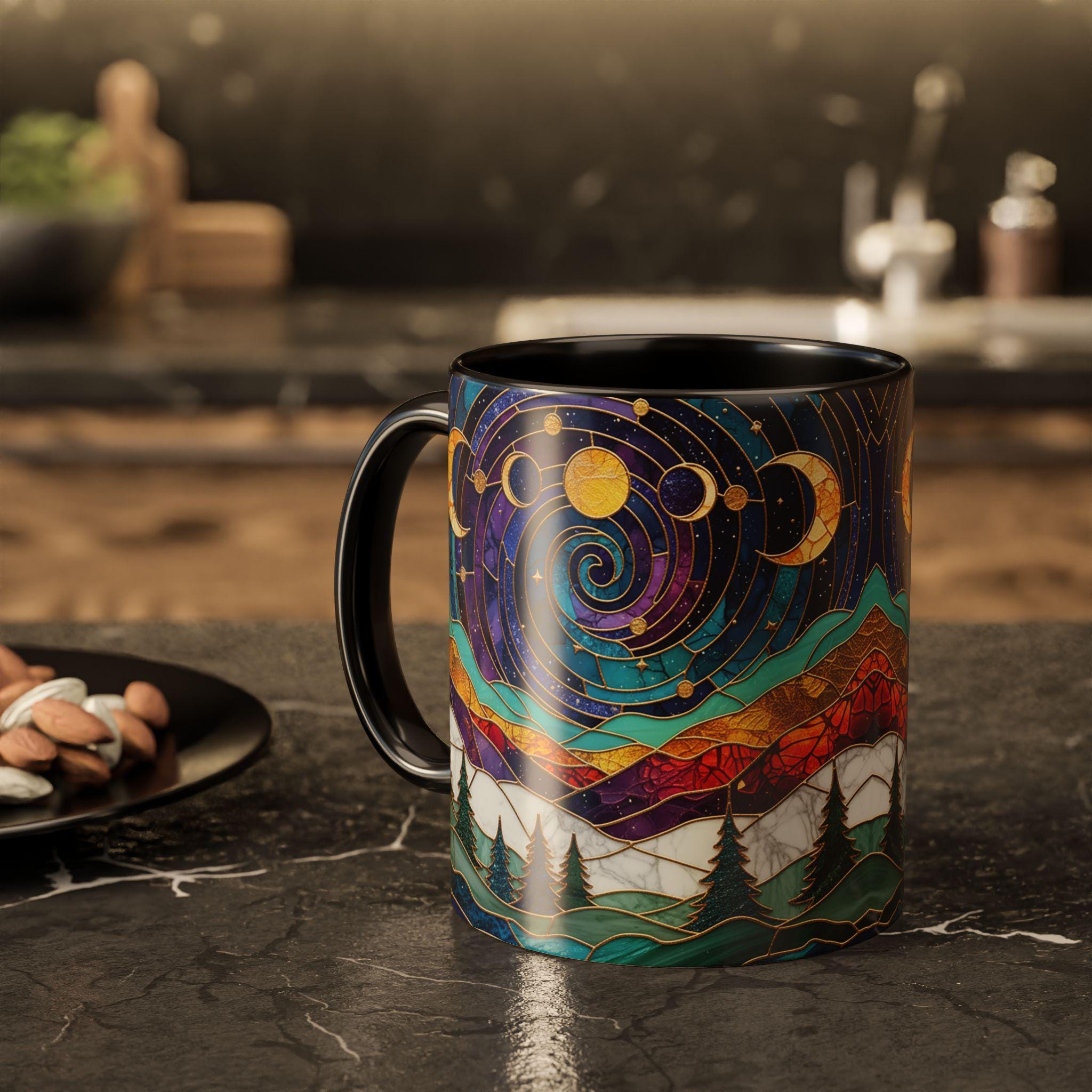 Stained Glass Triple Moon Witch Accent Mug, Pagan Wiccan Gift, Waxing Crescent Full Moon Waning Crescent Moon Phases Witch Coffee Mug