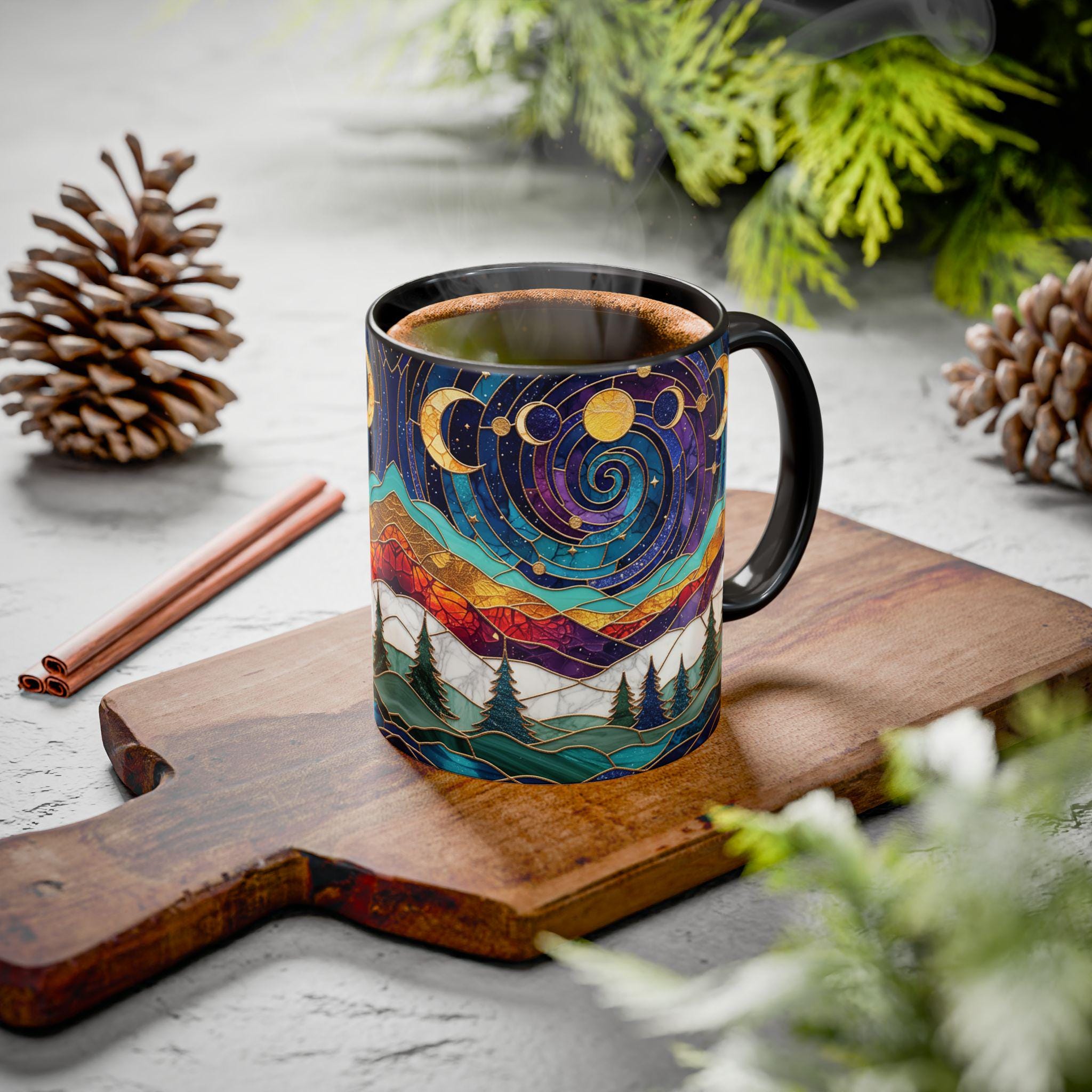 Stained Glass Triple Moon Witch Accent Mug, Pagan Wiccan Gift, Waxing Crescent Full Moon Waning Crescent Moon Phases Witch Coffee Mug