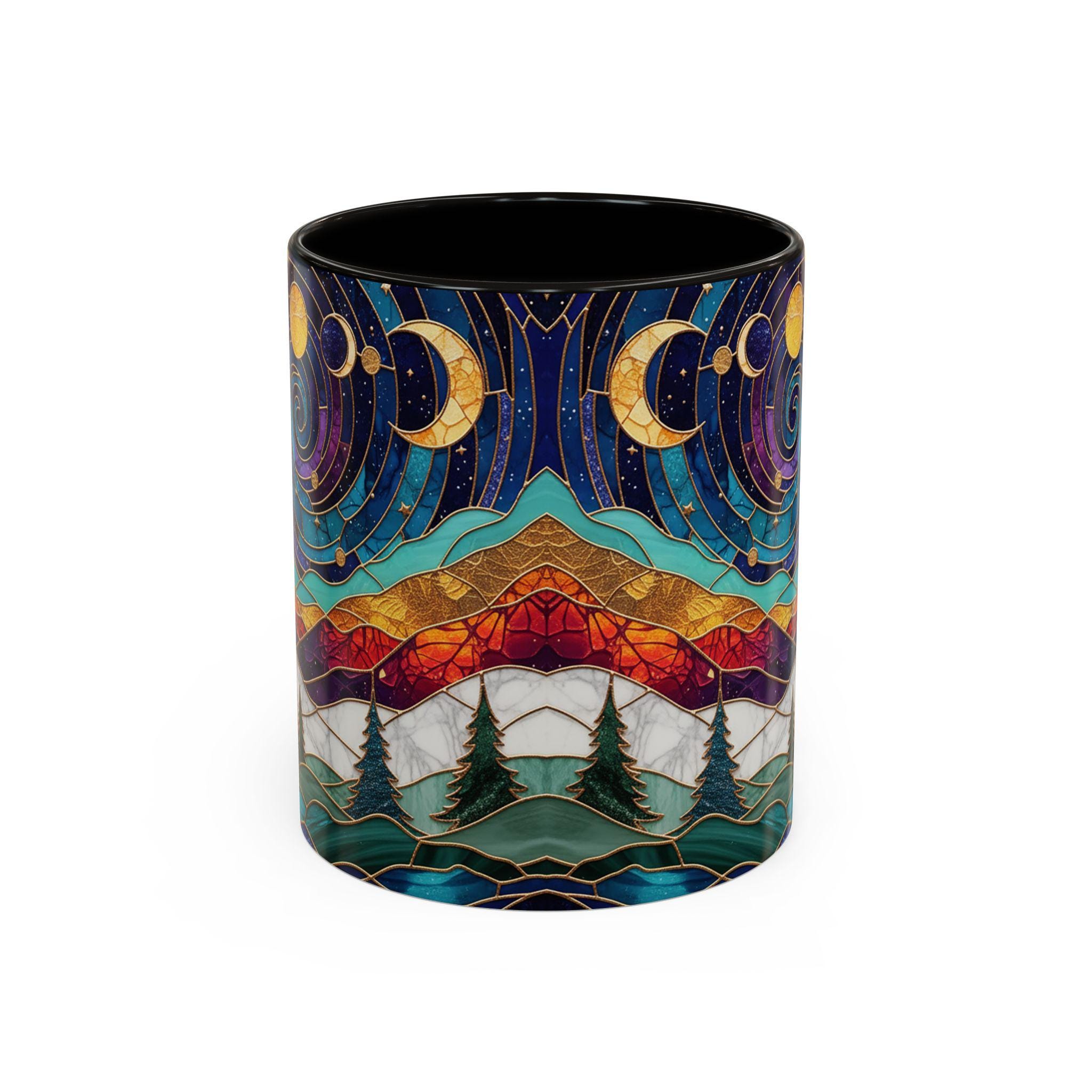 Stained Glass Triple Moon Witch Accent Mug, Pagan Wiccan Gift, Waxing Crescent Full Moon Waning Crescent Moon Phases Witch Coffee Mug