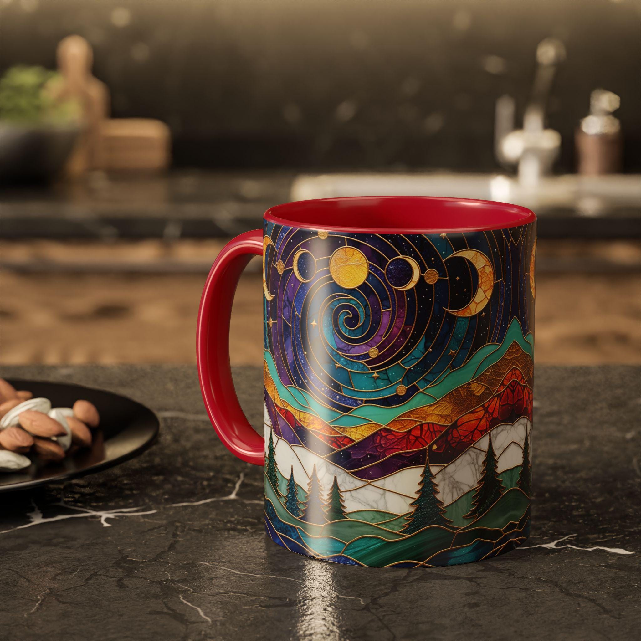 Stained Glass Triple Moon Witch Accent Mug, Pagan Wiccan Gift, Waxing Crescent Full Moon Waning Crescent Moon Phases Witch Coffee Mug