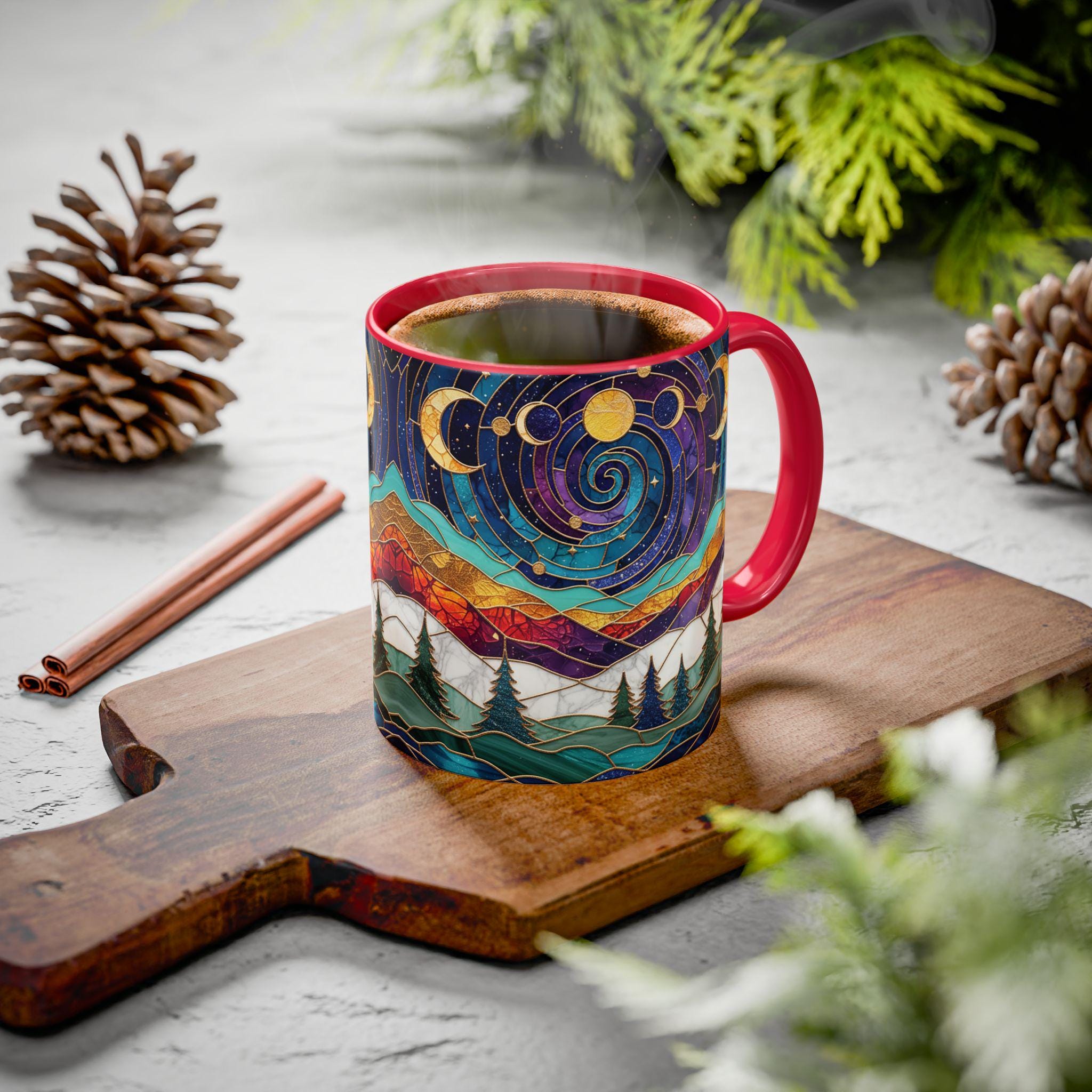 Stained Glass Triple Moon Witch Accent Mug, Pagan Wiccan Gift, Waxing Crescent Full Moon Waning Crescent Moon Phases Witch Coffee Mug