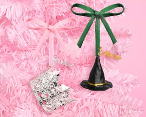xo, Fetti Pink + Green Witch Ornament Set of 2  Christmas Tree Decorations Movie Holiday Party Cute Gift, Stocking Stuffer, Sparkle Shadow