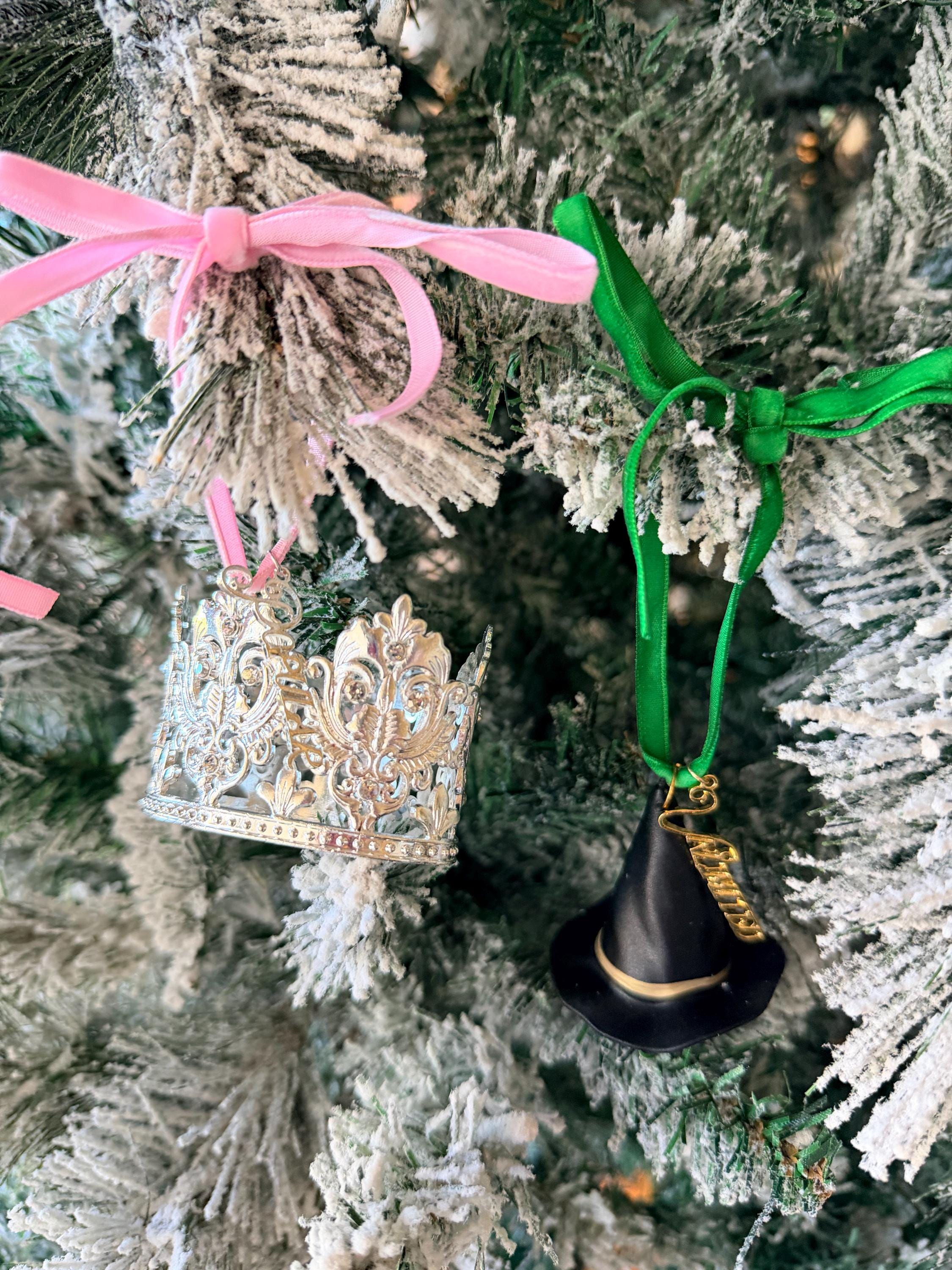 xo, Fetti Pink + Green Witch Ornament Set of 2  Christmas Tree Decorations Movie Holiday Party Cute Gift, Stocking Stuffer, Sparkle Shadow