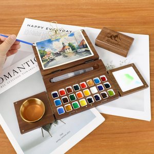 Personalized Engraved Foldable Watercolor Paint Box,Travel Portable Painting Kit,Mini Wood Watercolor Palette,Gift for Painter,Him,Her,Kids