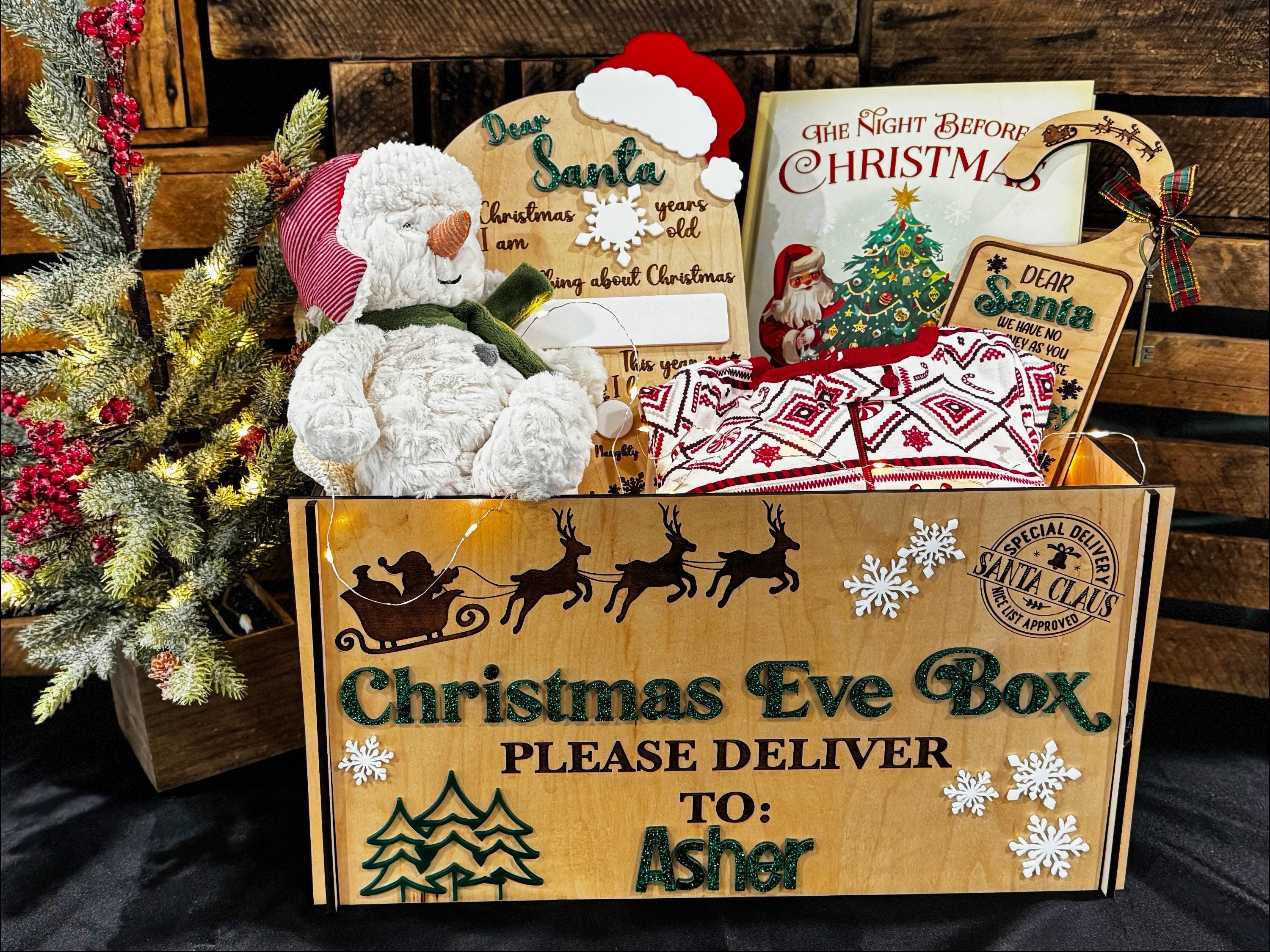 Personalized Christmas Eve Box: Maple Crate with Acrylic Snowflakes