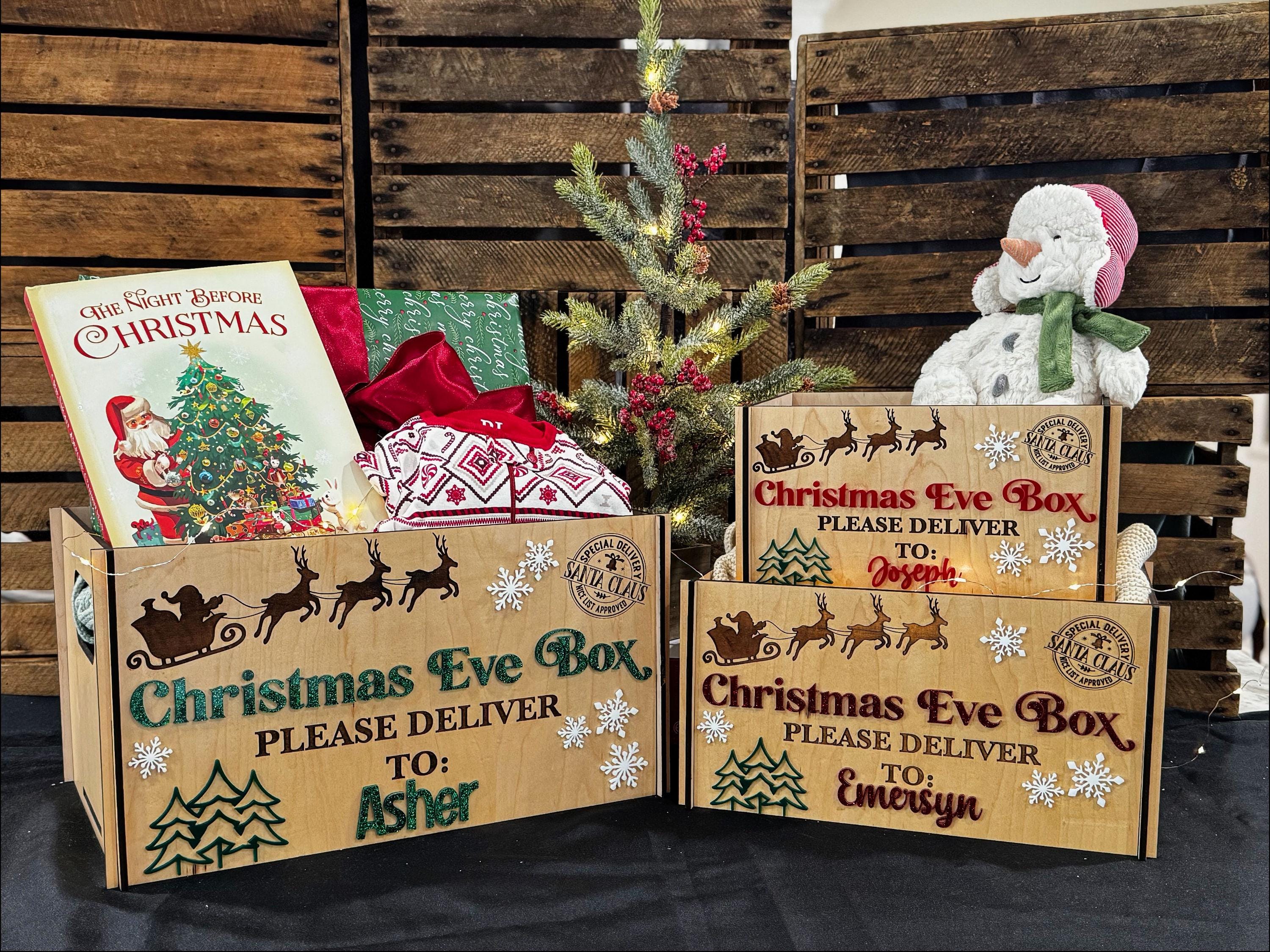 Personalized Christmas Eve Box: Maple Crate with Acrylic Snowflakes