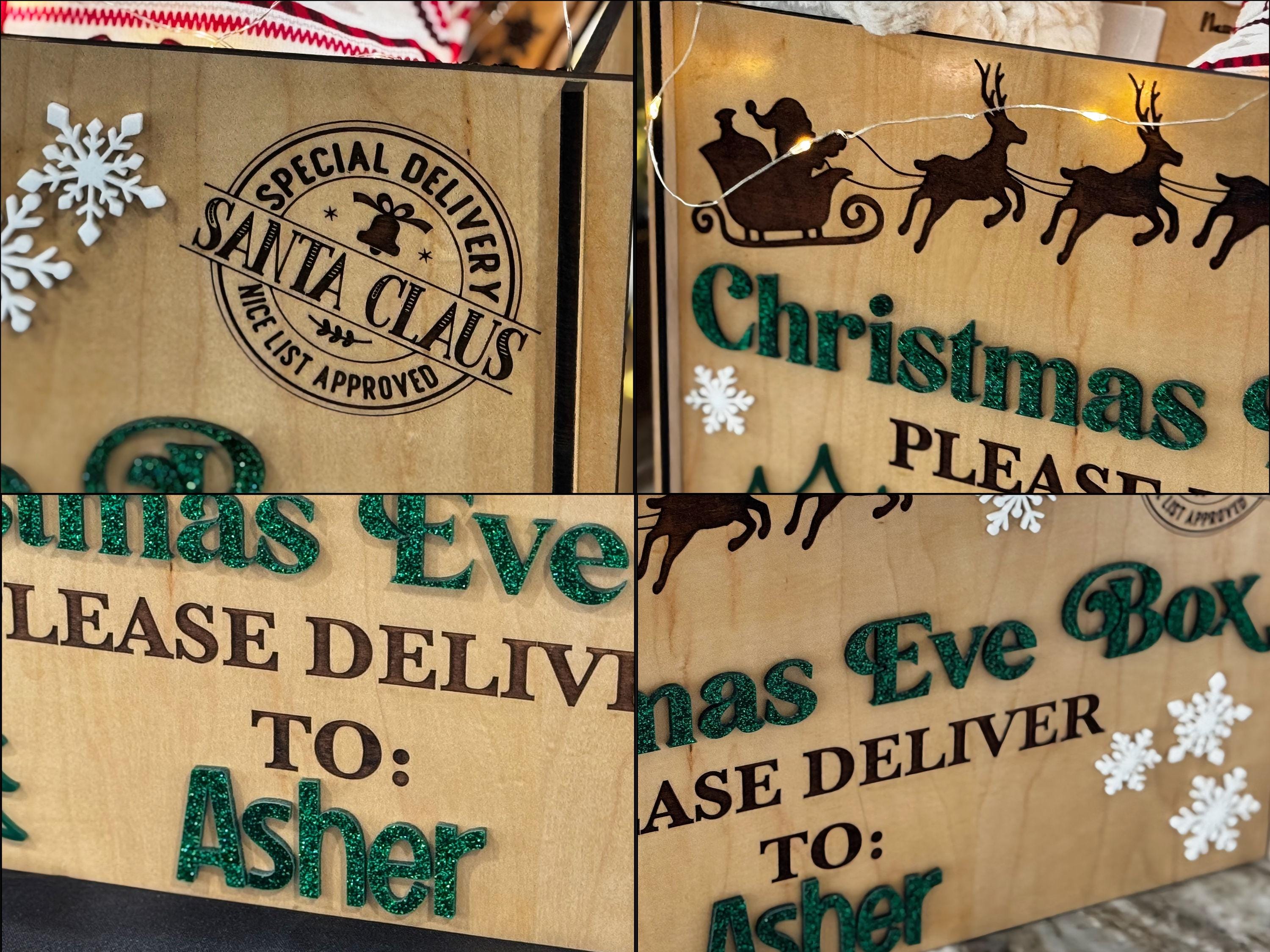 Personalized Christmas Eve Box: Maple Crate with Acrylic Snowflakes