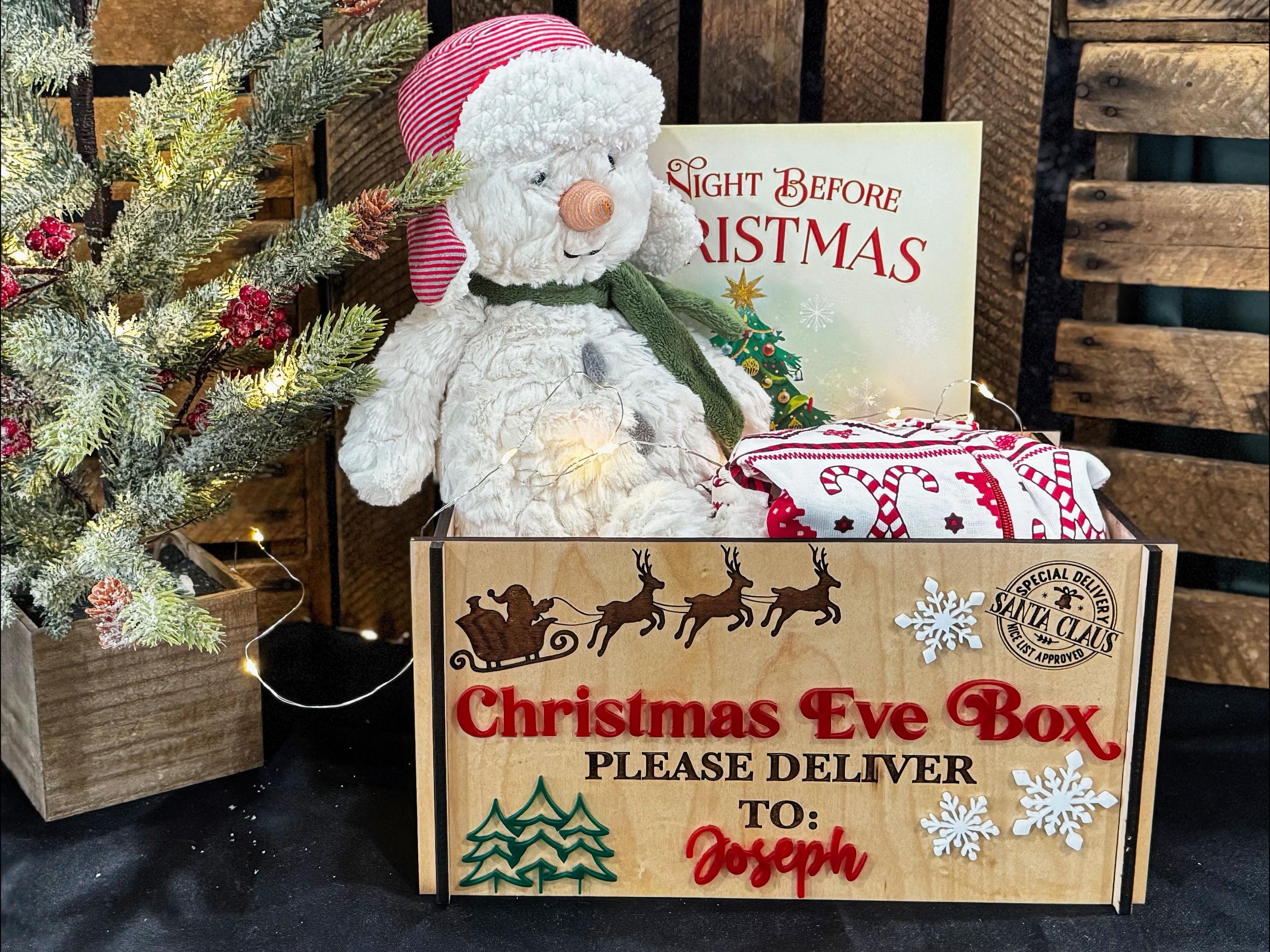 Personalized Christmas Eve Box: Maple Crate with Acrylic Snowflakes