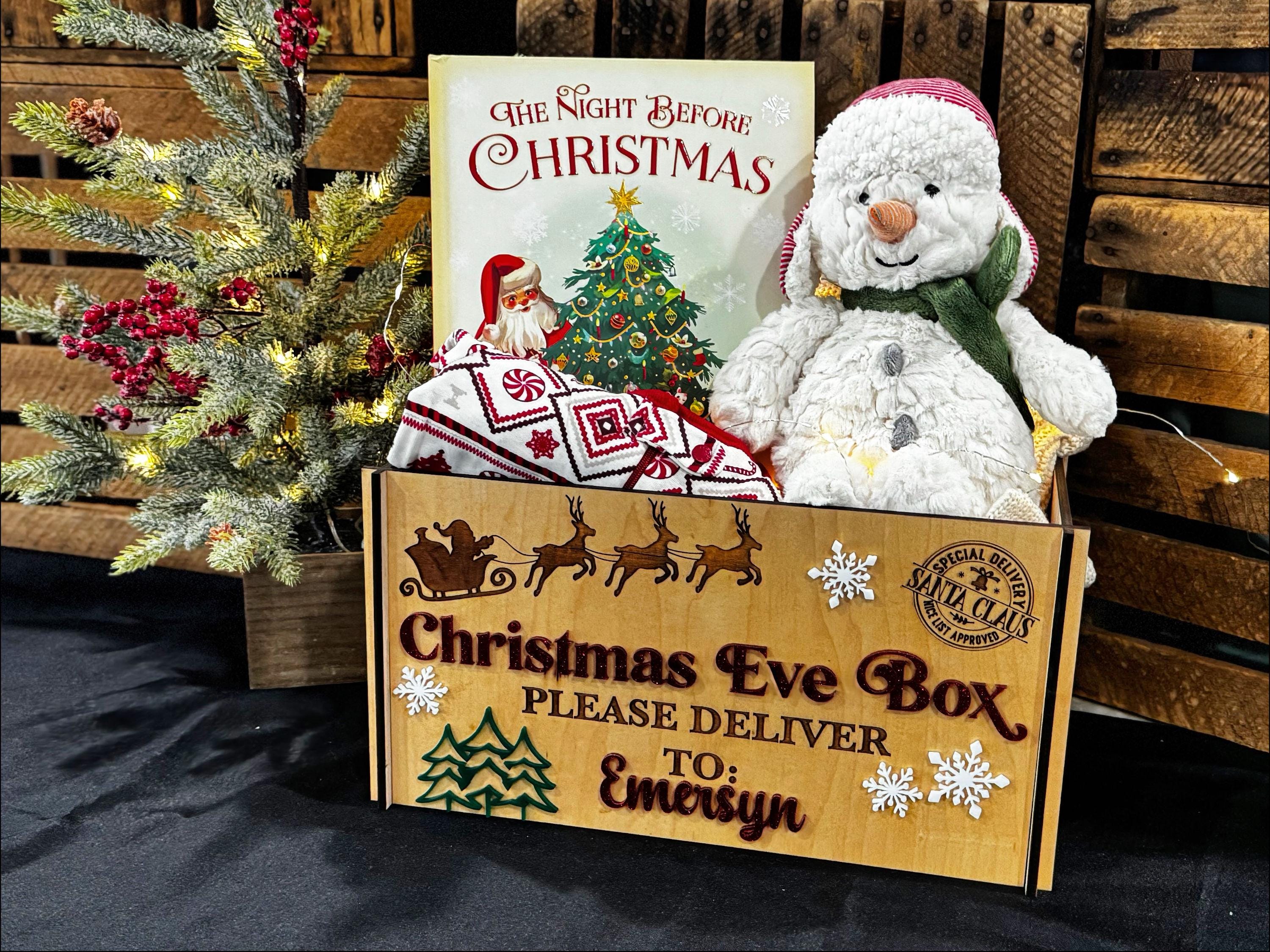 Personalized Christmas Eve Box: Maple Crate with Acrylic Snowflakes