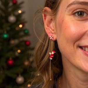 Santa Dangle Earrings: Peppermint Studs, Gold Drop Chain - Christmas Jewelry