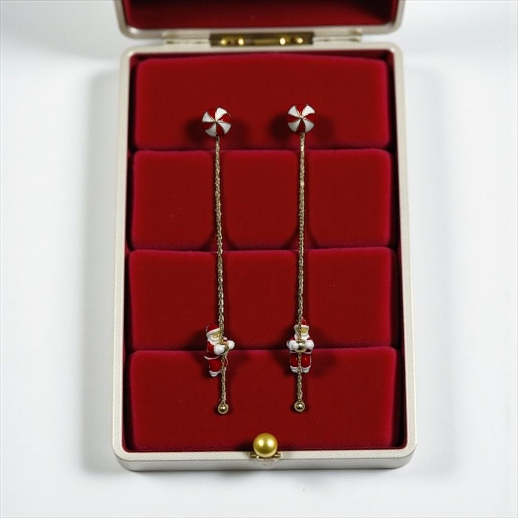 Santa Dangle Earrings: Peppermint Studs, Gold Drop Chain - Christmas Jewelry