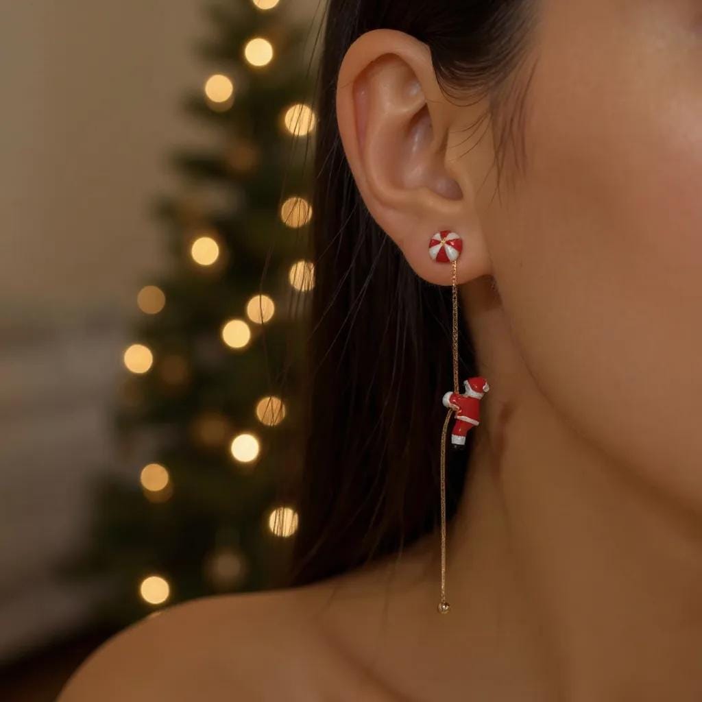 Santa Dangle Earrings: Peppermint Studs, Gold Drop Chain - Christmas Jewelry
