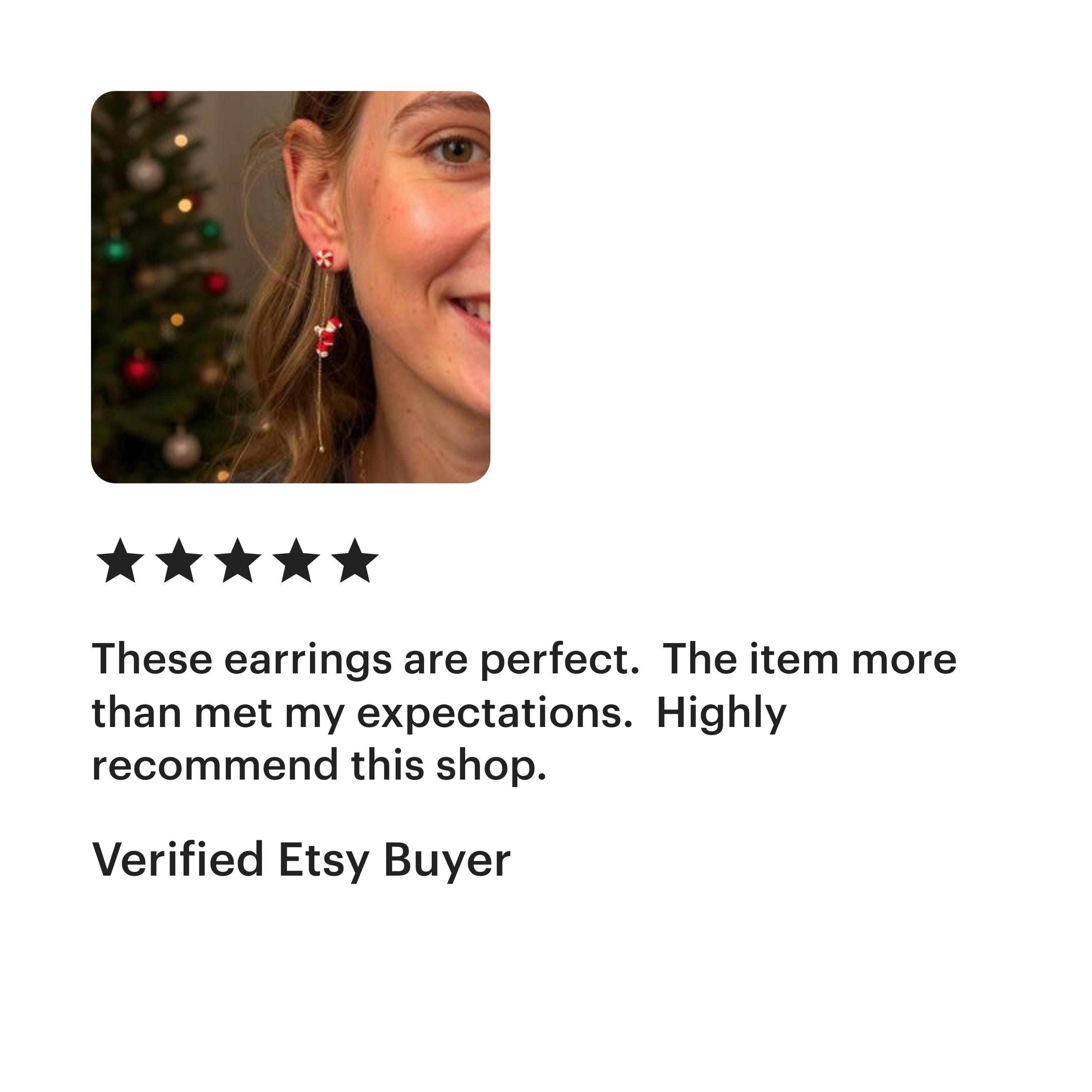 Santa Dangle Earrings: Peppermint Studs, Gold Drop Chain - Christmas Jewelry