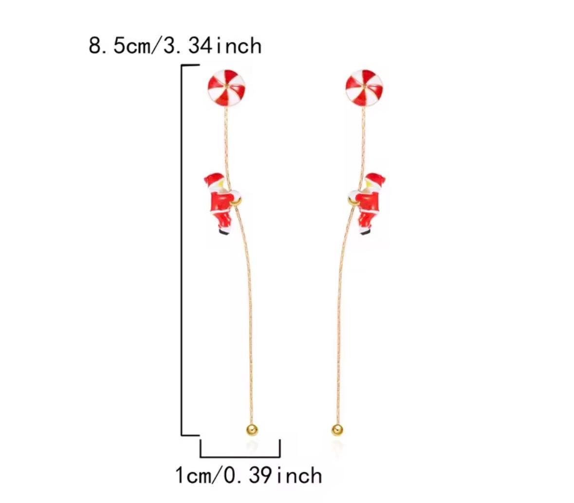 Santa Dangle Earrings: Peppermint Studs, Gold Drop Chain - Christmas Jewelry