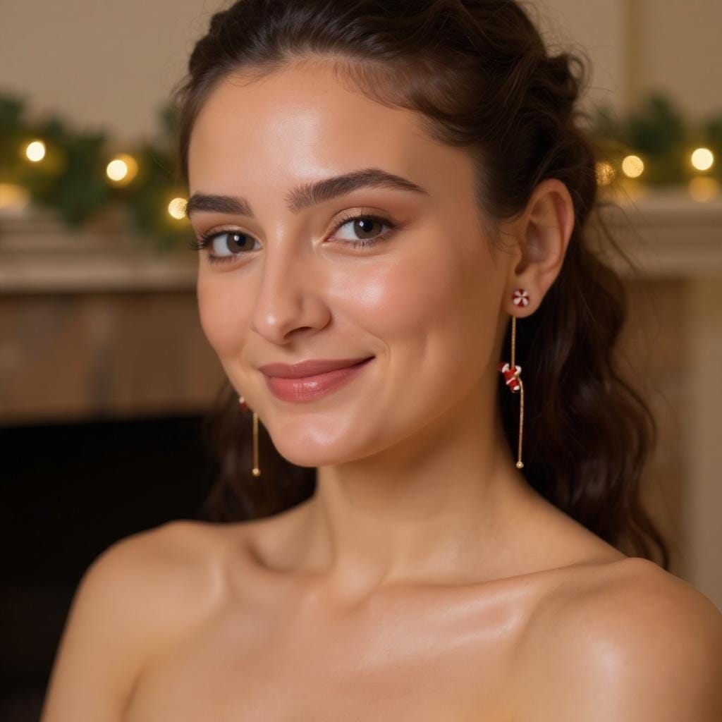 Santa Dangle Earrings: Peppermint Studs, Gold Drop Chain - Christmas Jewelry