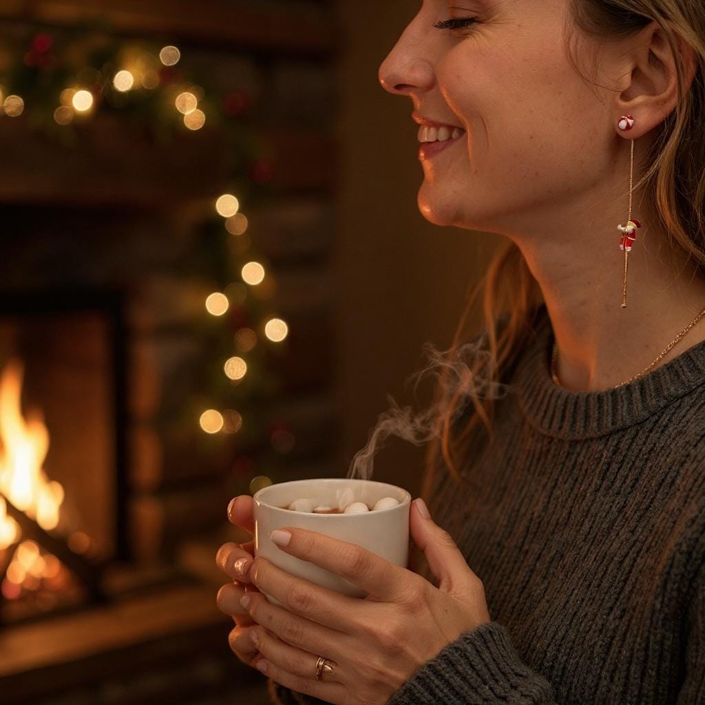 Santa Dangle Earrings: Peppermint Studs, Gold Drop Chain - Christmas Jewelry