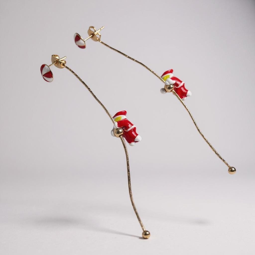 Santa Dangle Earrings: Peppermint Studs, Gold Drop Chain - Christmas Jewelry