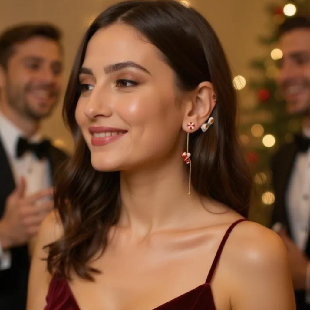 Santa Dangle Earrings: Peppermint Studs, Gold Drop Chain - Christmas Jewelry