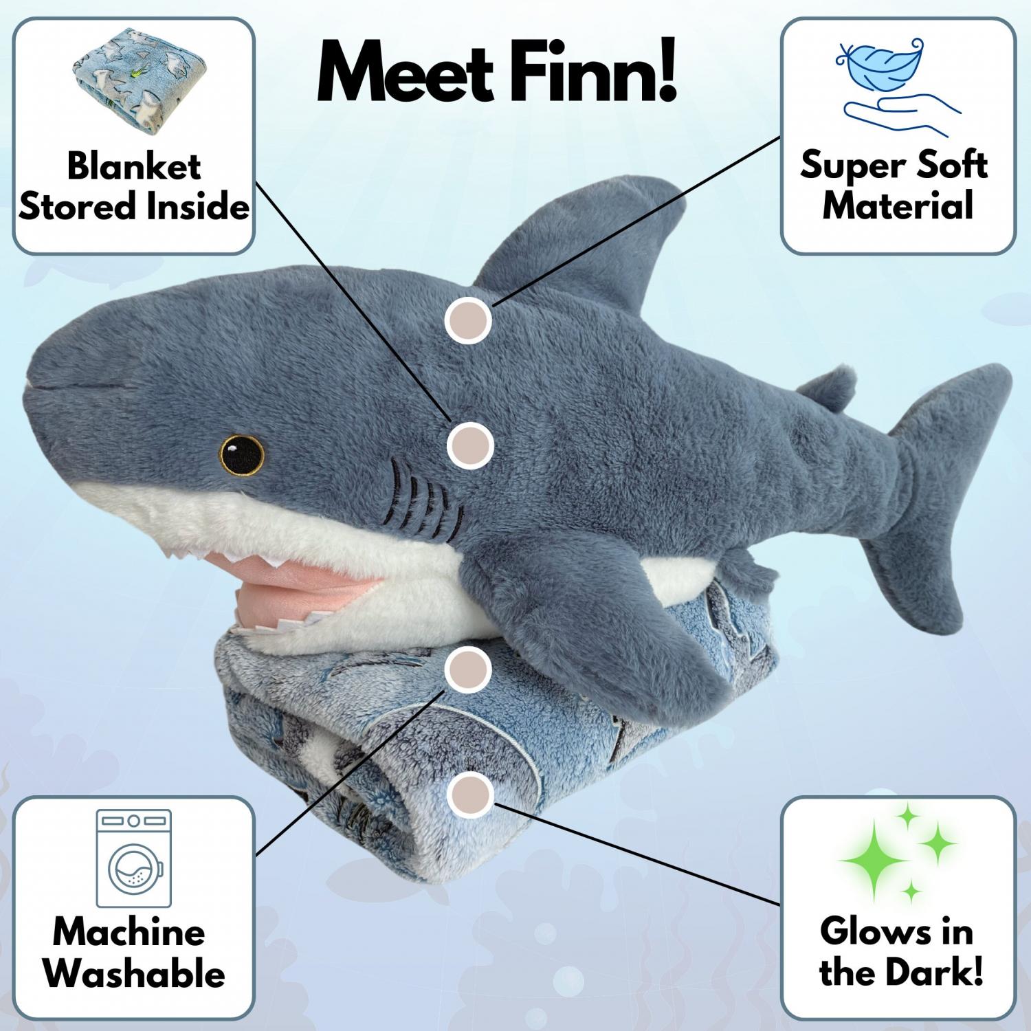 Shark Stuffed Animal with Blanket Inside: 3-in-1 Pillow, Blanket, and Friend - 29" Shark Plush with 60"x40" Glow-in-The-Dark Shark Blanket!