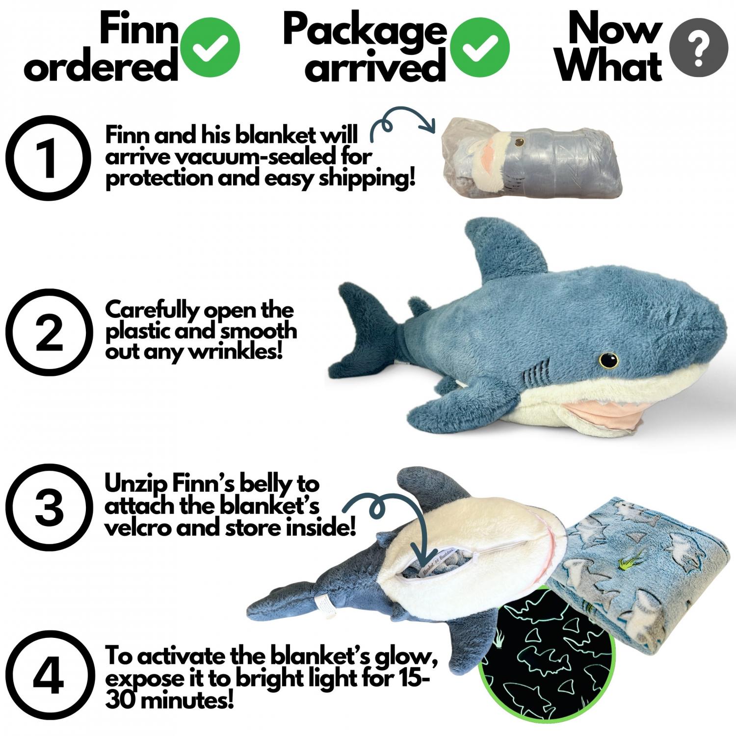 Shark Stuffed Animal with Blanket Inside: 3-in-1 Pillow, Blanket, and Friend - 29" Shark Plush with 60"x40" Glow-in-The-Dark Shark Blanket!