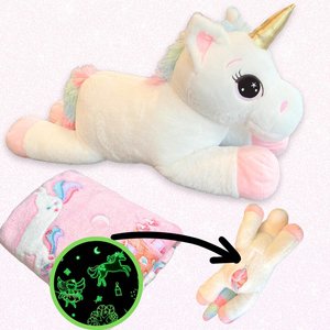 Unicorn Stuffed Animal with Unicorn Blanket Inside: 3-in-1 Pillow, Blanket, and Friend - 29" Plush with 60" x 50" Glow-in-The-Dark Blanket!