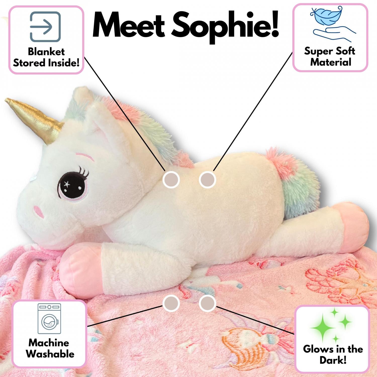 Unicorn Stuffed Animal with Unicorn Blanket Inside: 3-in-1 Pillow, Blanket, and Friend - 29" Plush with 60" x 50" Glow-in-The-Dark Blanket!