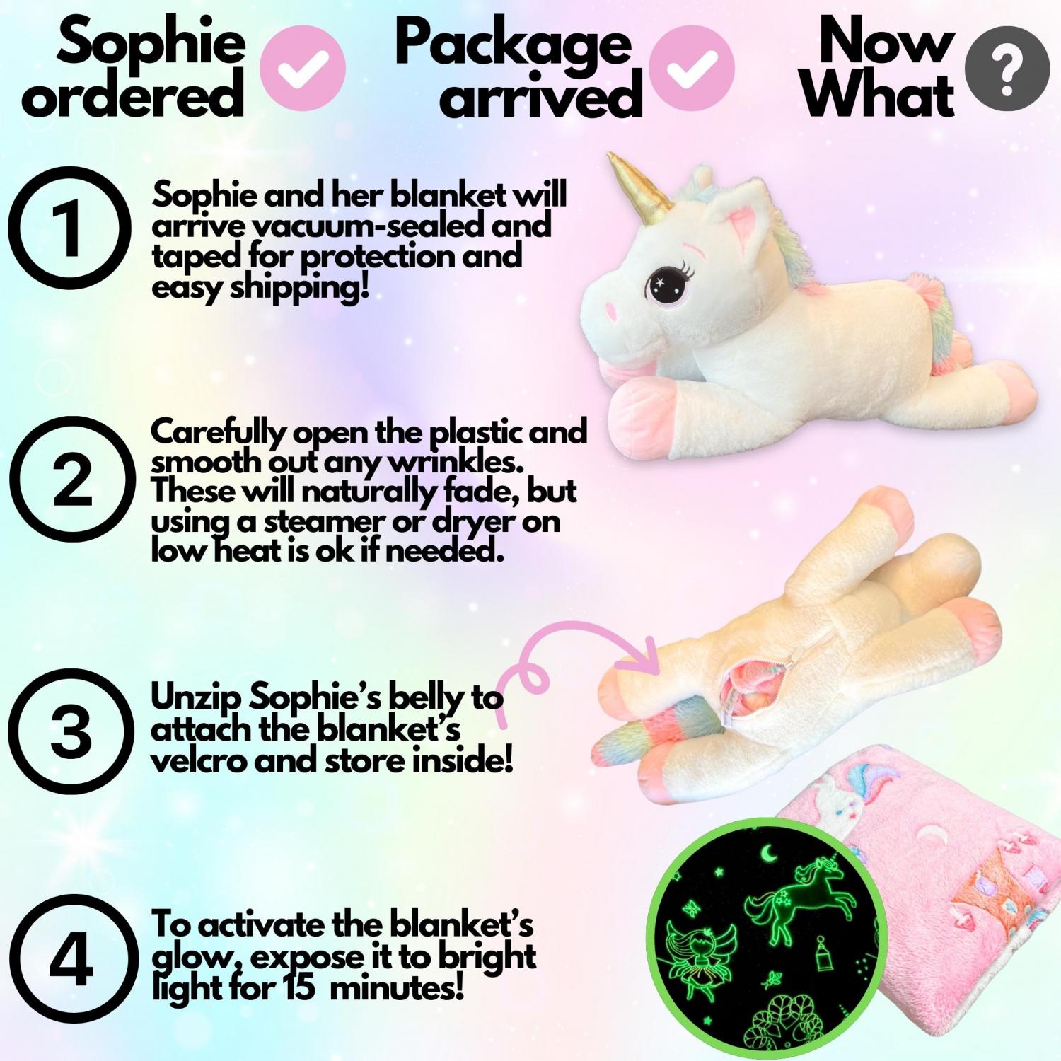 Unicorn Stuffed Animal with Unicorn Blanket Inside: 3-in-1 Pillow, Blanket, and Friend - 29" Plush with 60" x 50" Glow-in-The-Dark Blanket!